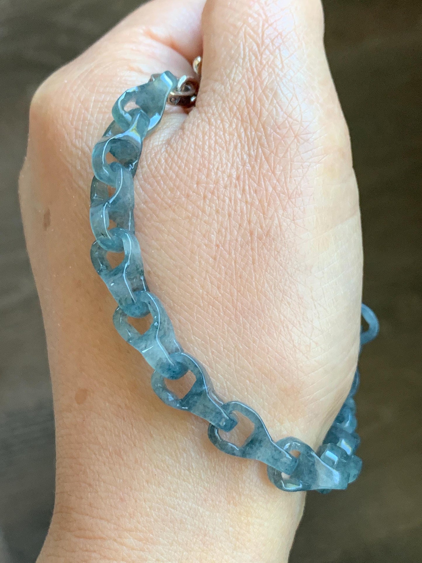 Certified Natural Type A Guatemalan Icy Blue Wuji Jadeite Interlocking Dragon Bone Link Chain Bracelet Sterling Silver 8" 天然冰胶危蓝乌鸡翡翠龙骨链手链572