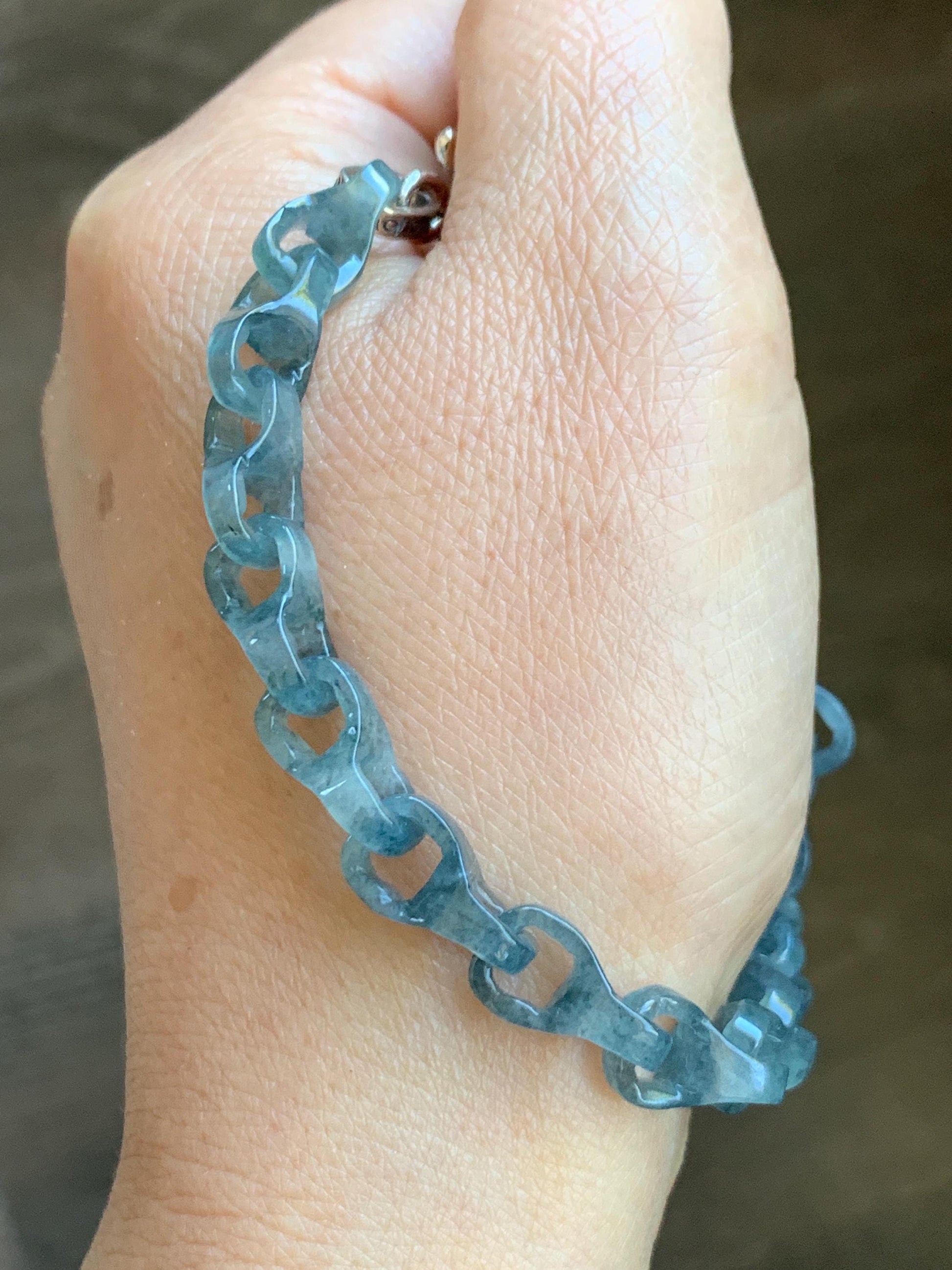 Certified Natural Type A Guatemalan Icy Blue Wuji Jadeite Interlocking Dragon Bone Link Chain Bracelet Sterling Silver 8" 天然冰胶危蓝乌鸡翡翠龙骨链手链572