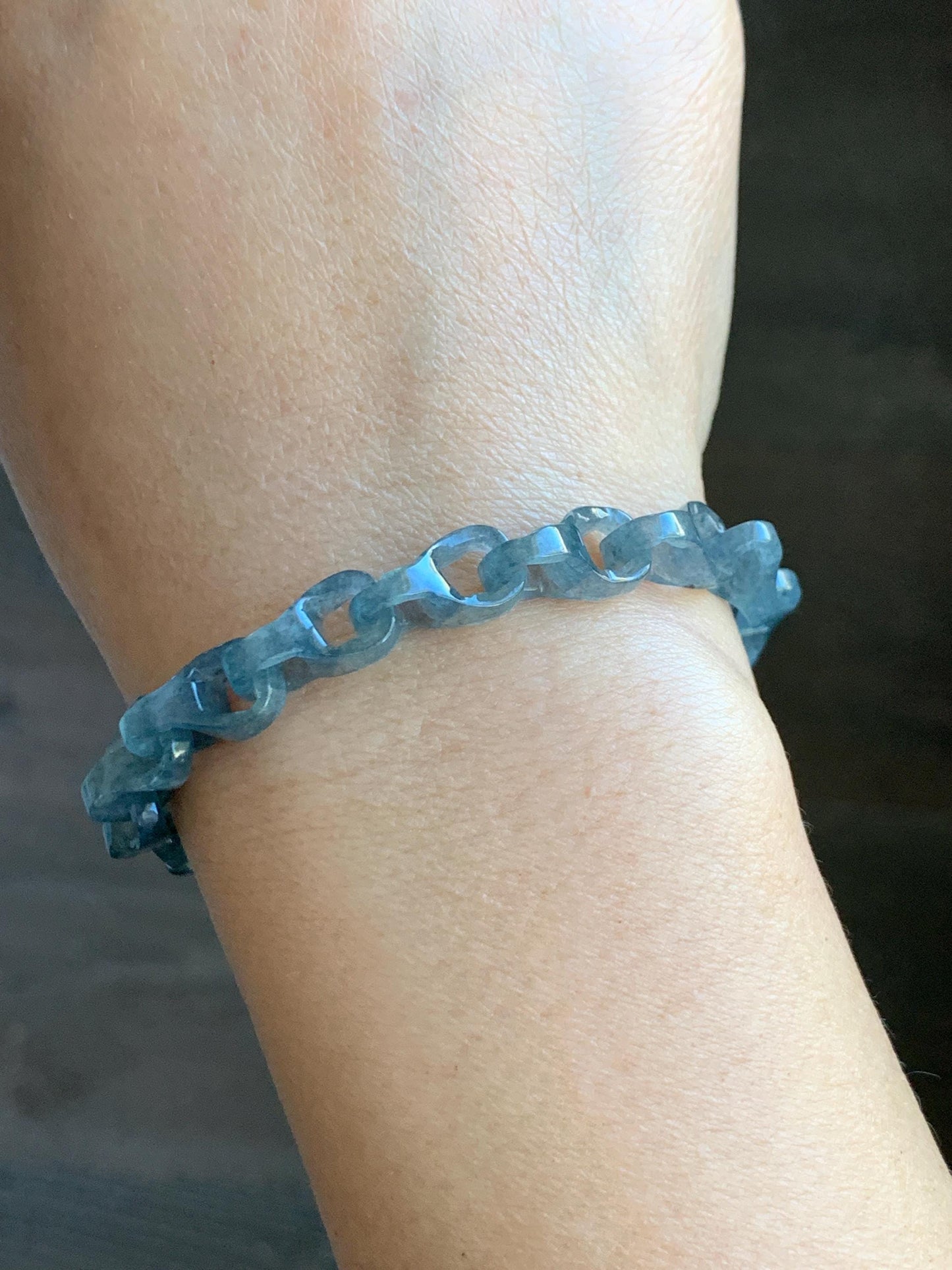 Certified Natural Type A Guatemalan Icy Blue Wuji Jadeite Interlocking Dragon Bone Link Chain Bracelet Sterling Silver 8" 天然冰胶危蓝乌鸡翡翠龙骨链手链572