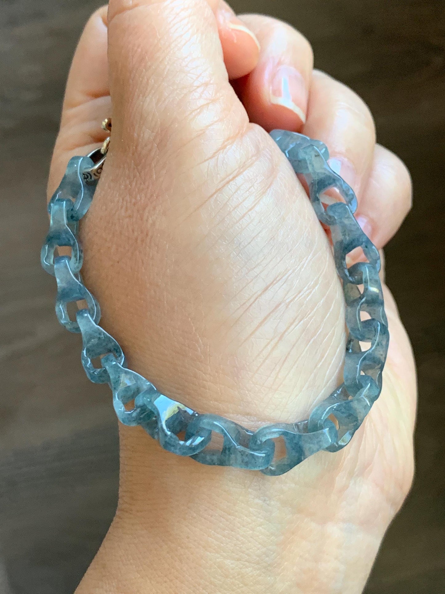 Certified Natural Type A Guatemalan Icy Blue Wuji Jadeite Interlocking Dragon Bone Link Chain Bracelet Sterling Silver 8" 天然冰胶危蓝乌鸡翡翠龙骨链手链572