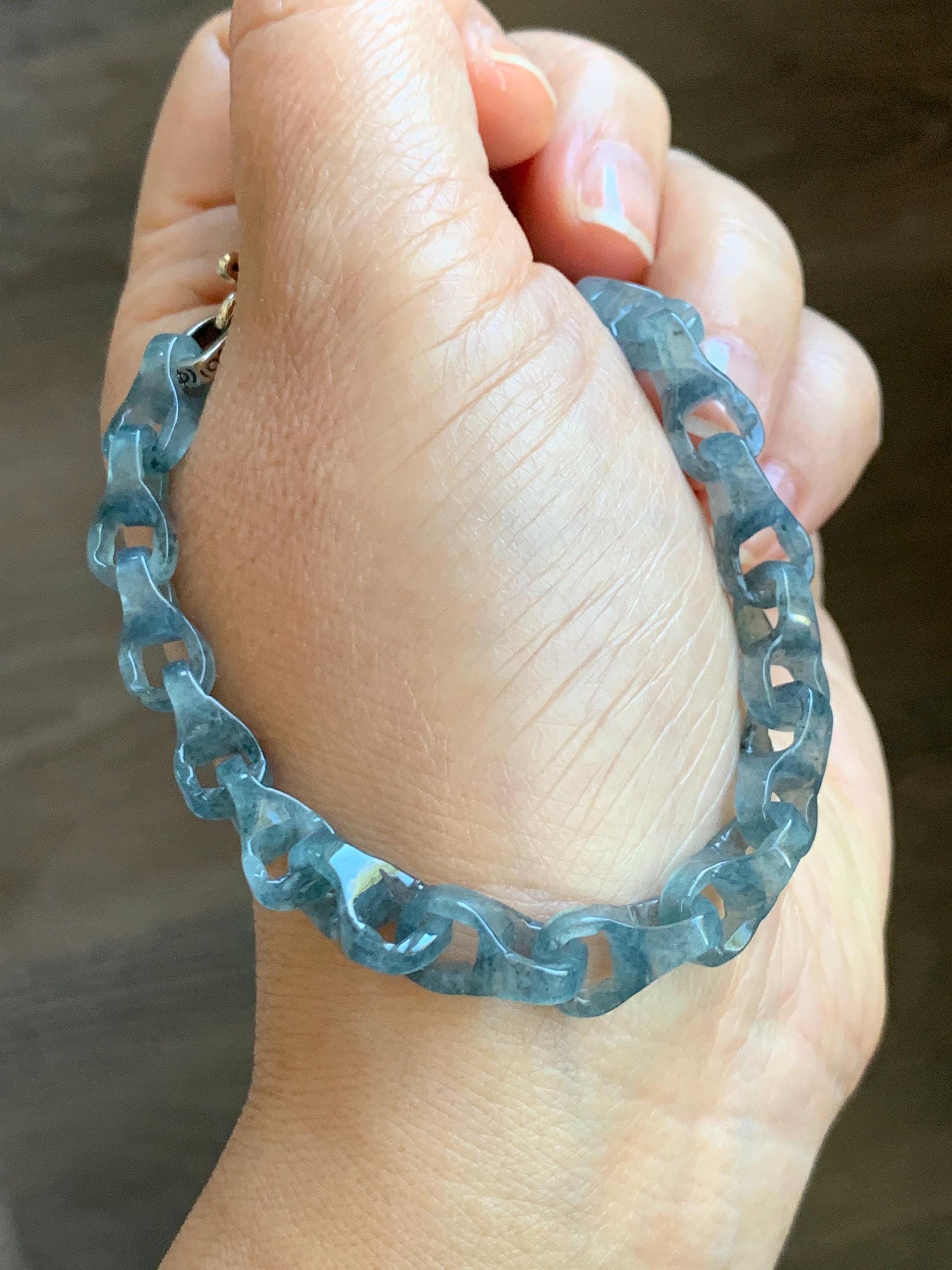 Certified Natural Type A Guatemalan Icy Blue Wuji Jadeite Interlocking Dragon Bone Link Chain Bracelet Sterling Silver 8" 天然冰胶危蓝乌鸡翡翠龙骨链手链572