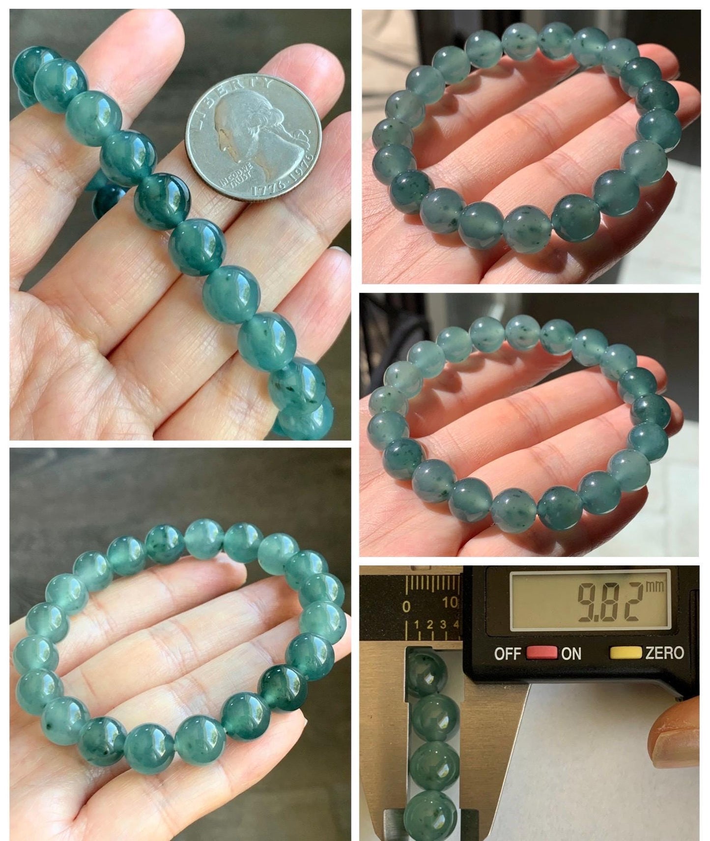 Natural Grade A Guatemalan Icy Highly Translucent Dark Teal Green Marbled Jade Jadeite Beaded Bracelet 9.8mm 7.25” 32g 天然冰危蓝绿飘花翡翠圆珠手串WUP330A