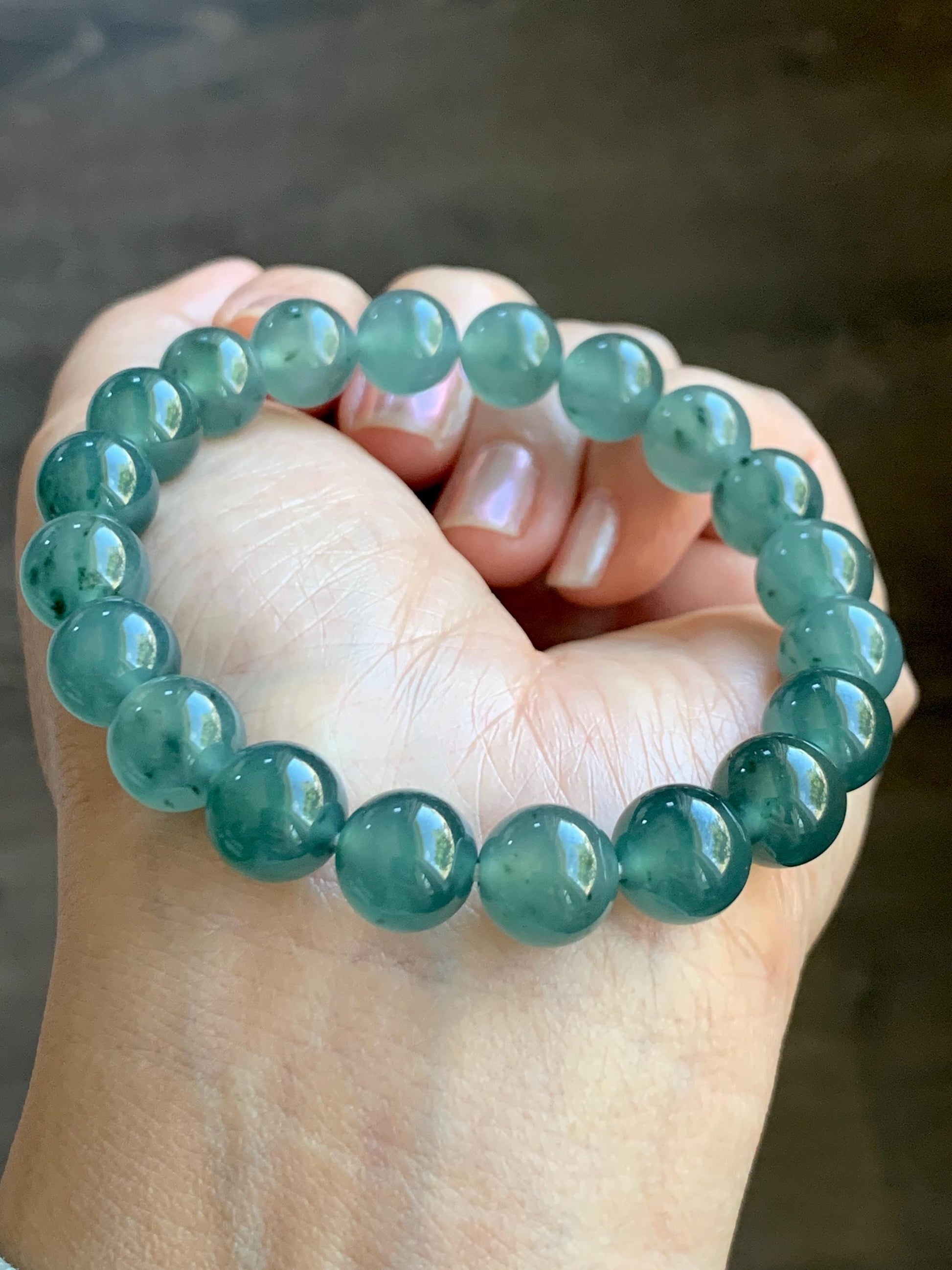 Natural Grade A Guatemalan Icy Highly Translucent Dark Teal Green Marbled Jade Jadeite Beaded Bracelet 9.8mm 7.25” 32g 天然冰危蓝绿飘花翡翠圆珠手串WUP330A