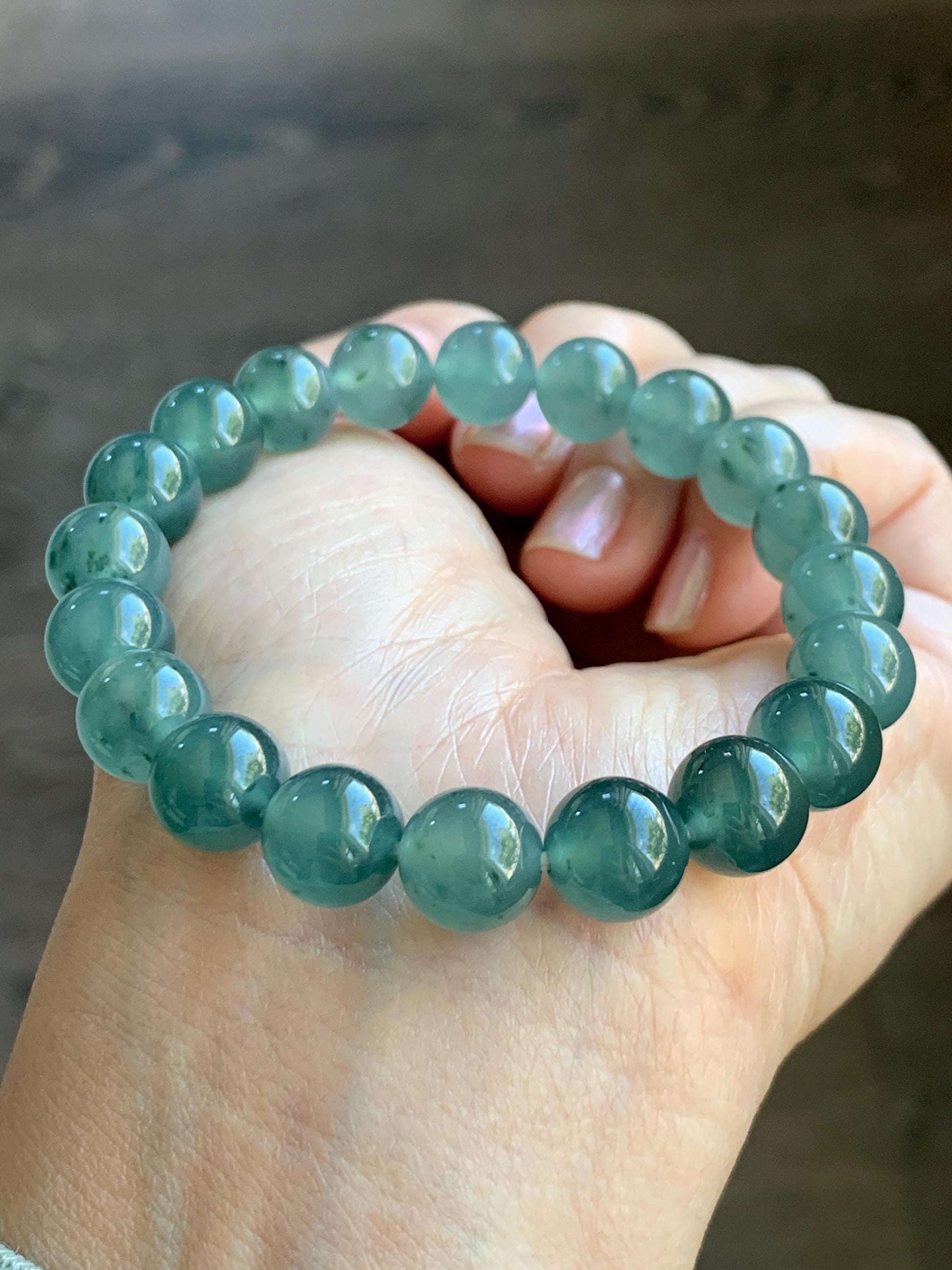 Natural Grade A Guatemalan Icy Highly Translucent Dark Teal Green Marbled Jade Jadeite Beaded Bracelet 9.8mm 7.25” 32g 天然冰危蓝绿飘花翡翠圆珠手串WUP330A