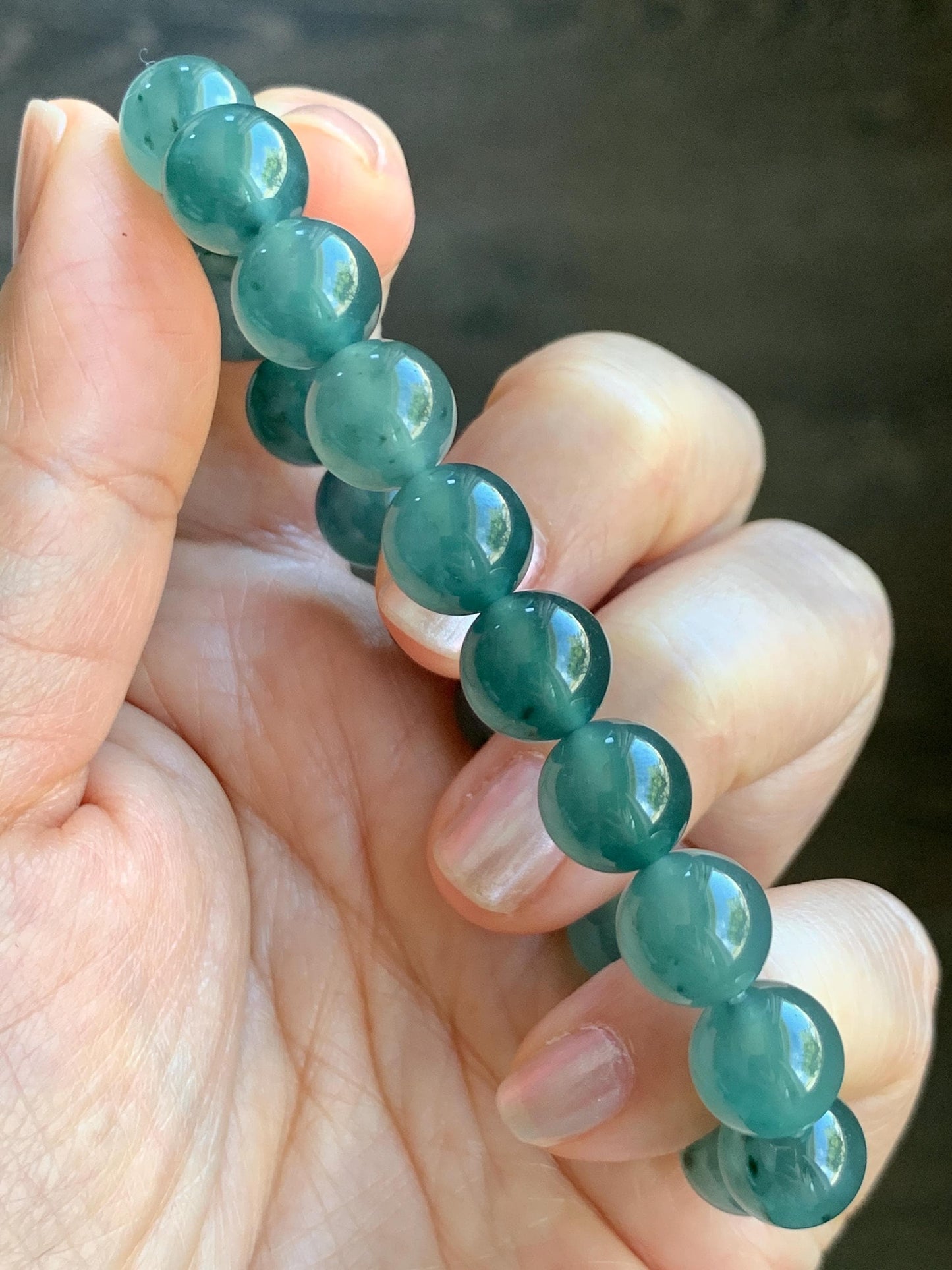 Natural Grade A Guatemalan Icy Highly Translucent Dark Teal Green Marbled Jade Jadeite Beaded Bracelet 9.8mm 7.25” 32g 天然冰危蓝绿飘花翡翠圆珠手串WUP330A