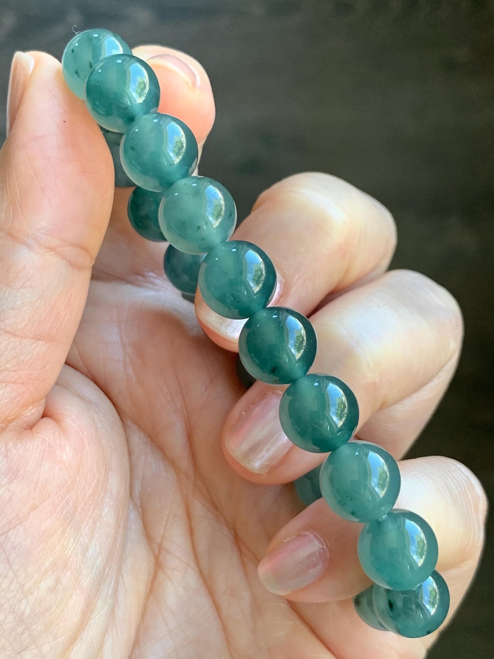 Natural Grade A Guatemalan Icy Highly Translucent Dark Teal Green Marbled Jade Jadeite Beaded Bracelet 9.8mm 7.25” 32g 天然冰危蓝绿飘花翡翠圆珠手串WUP330A