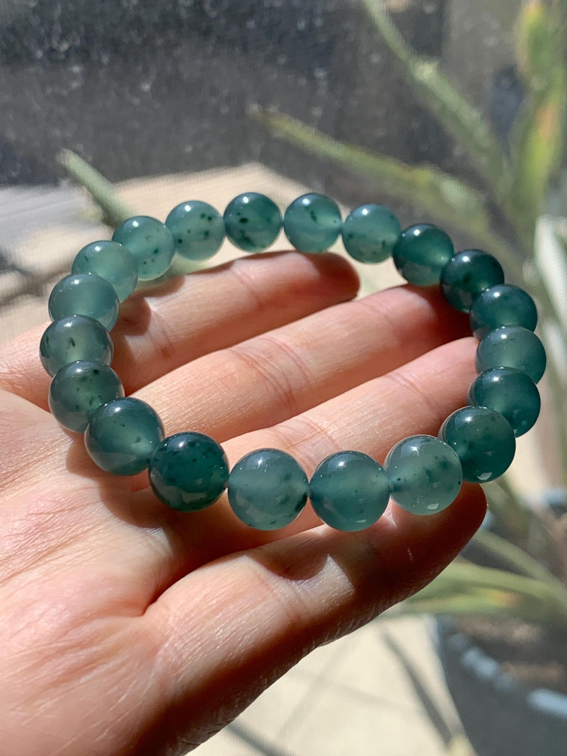 Natural Grade A Guatemalan Icy Highly Translucent Dark Teal Green Marbled Jade Jadeite Beaded Bracelet 9.8mm 7.25” 32g 天然冰危蓝绿飘花翡翠圆珠手串WUP330A