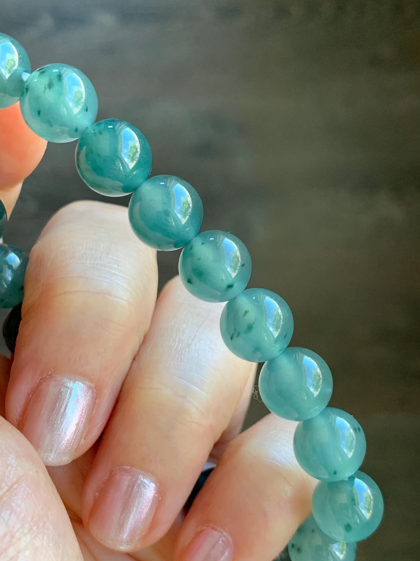 Natural Grade A Guatemalan Icy Highly Translucent Dark Teal Green Marbled Jade Jadeite Beaded Bracelet 9.8mm 7.25” 32g 天然冰危蓝绿飘花翡翠圆珠手串WUP330A