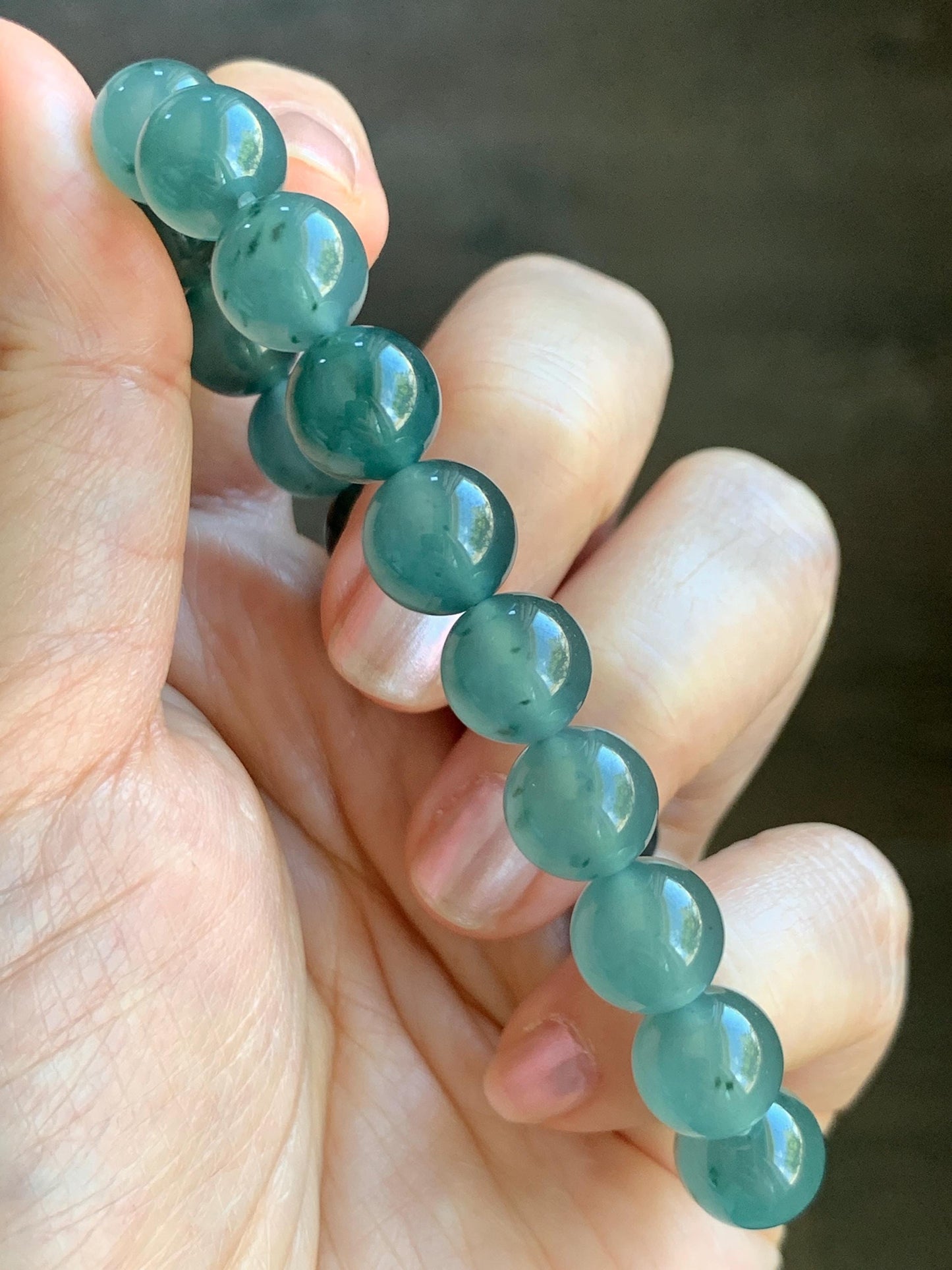 Natural Grade A Guatemalan Icy Highly Translucent Dark Teal Green Marbled Jade Jadeite Beaded Bracelet 9.8mm 7.25” 32g 天然冰危蓝绿飘花翡翠圆珠手串WUP330A
