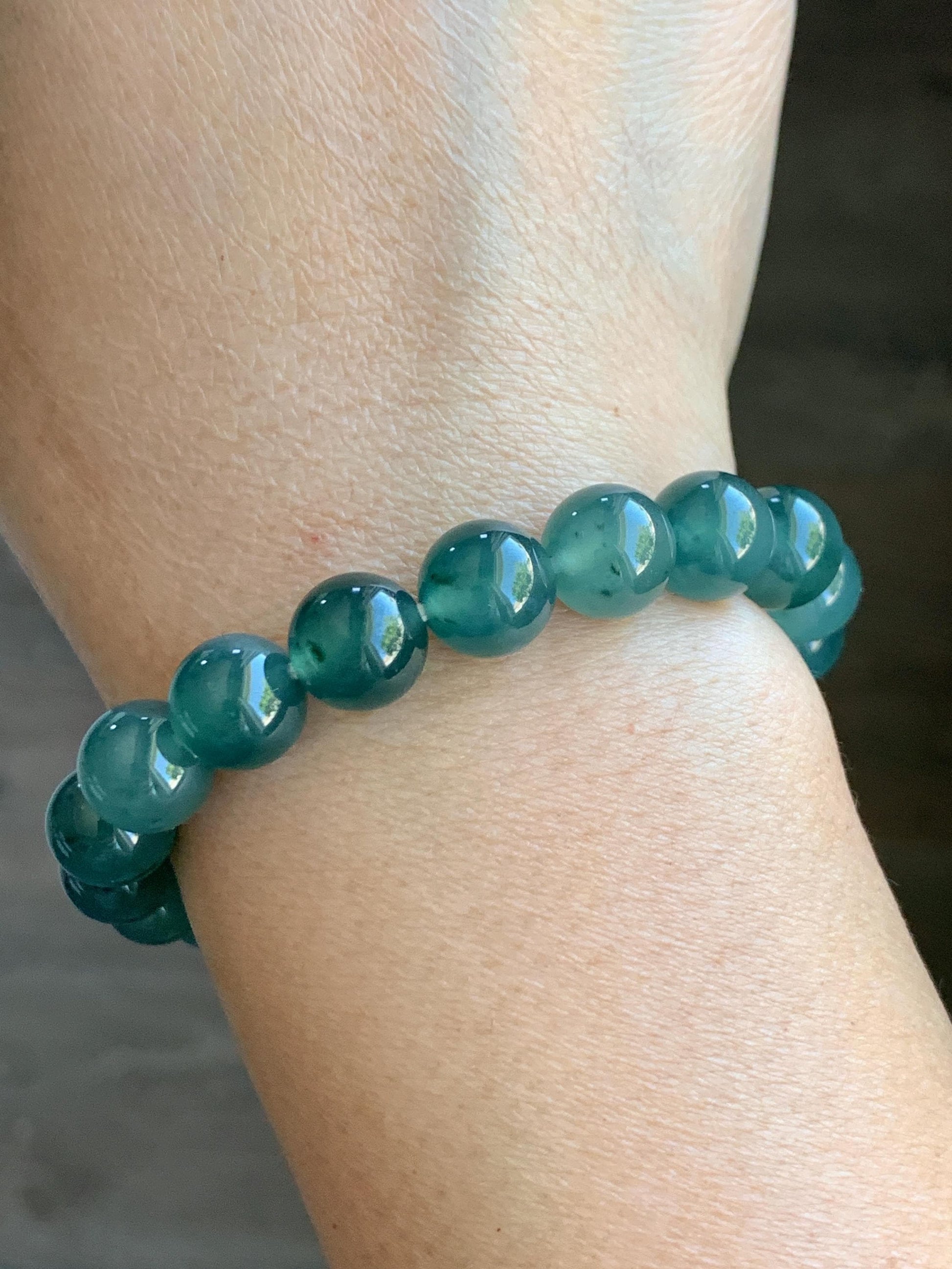 Natural Grade A Guatemalan Icy Highly Translucent Dark Teal Green Marbled Jade Jadeite Beaded Bracelet 9.8mm 7.25” 32g 天然冰危蓝绿飘花翡翠圆珠手串WUP330A
