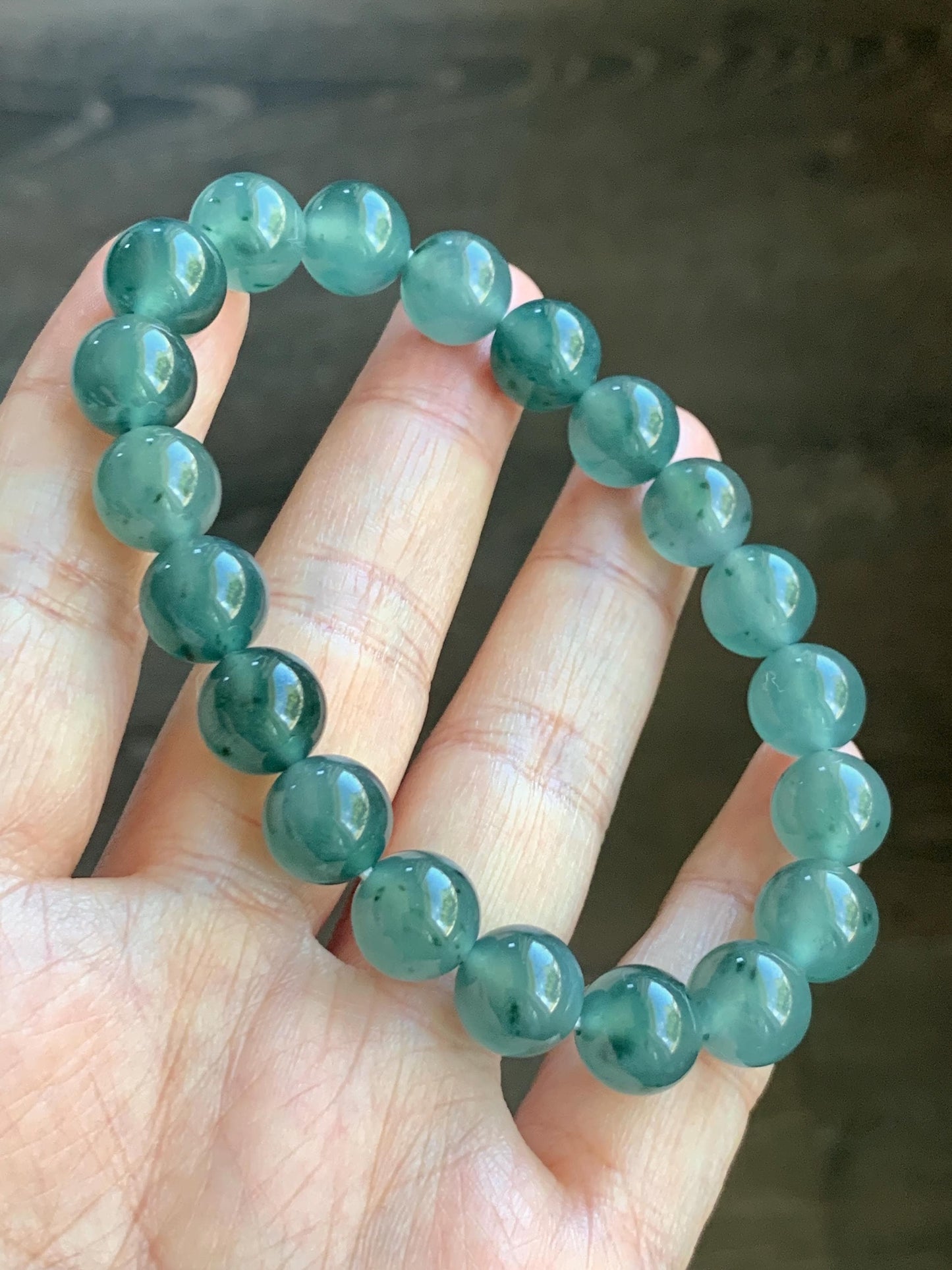 Natural Grade A Guatemalan Icy Highly Translucent Dark Teal Green Marbled Jade Jadeite Beaded Bracelet 9.8mm 7.25” 32g 天然冰危蓝绿飘花翡翠圆珠手串WUP330A