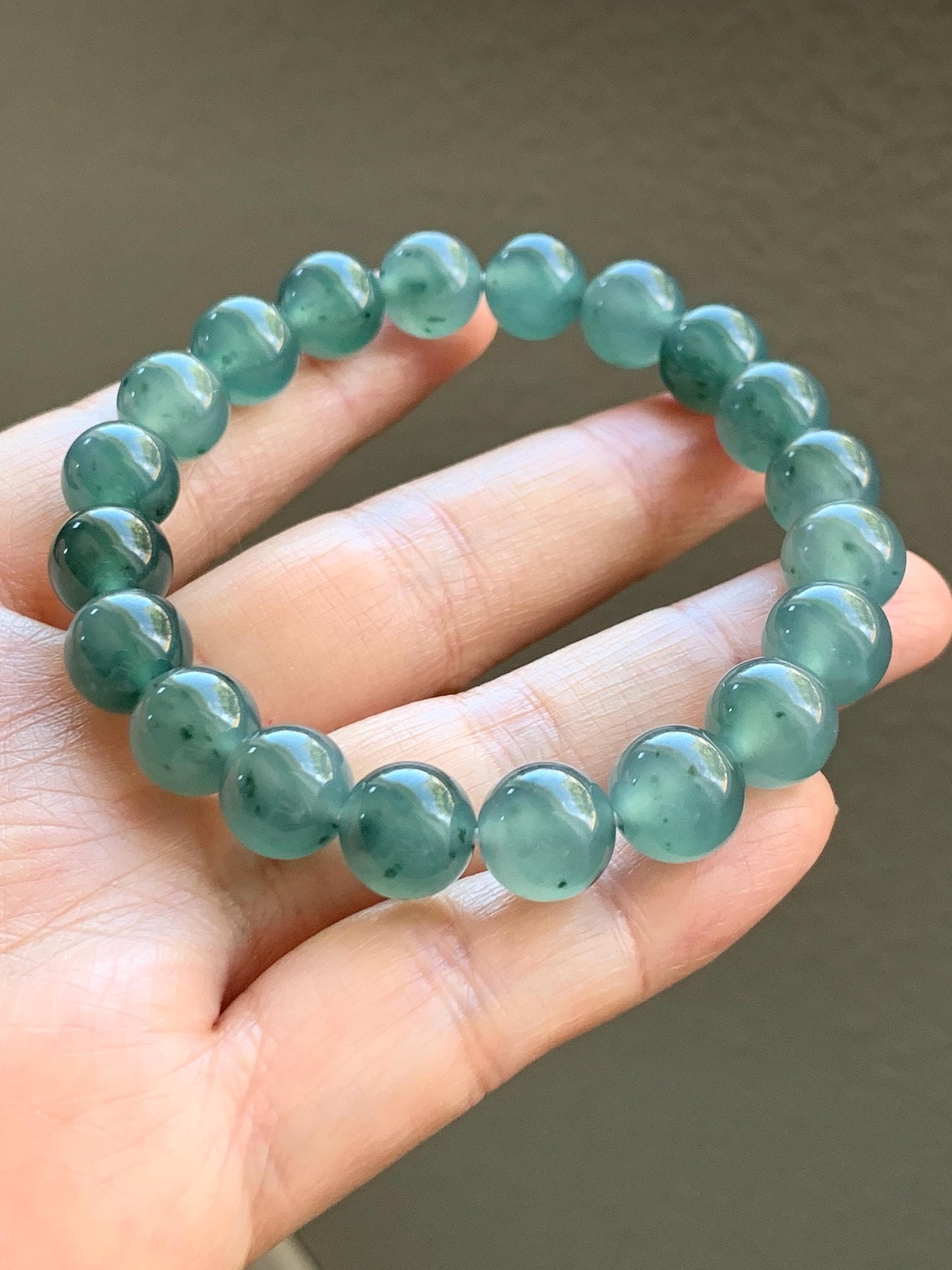 Natural Grade A Guatemalan Icy Highly Translucent Dark Teal Green Marbled Jade Jadeite Beaded Bracelet 9.8mm 7.25” 32g 天然冰危蓝绿飘花翡翠圆珠手串WUP330A