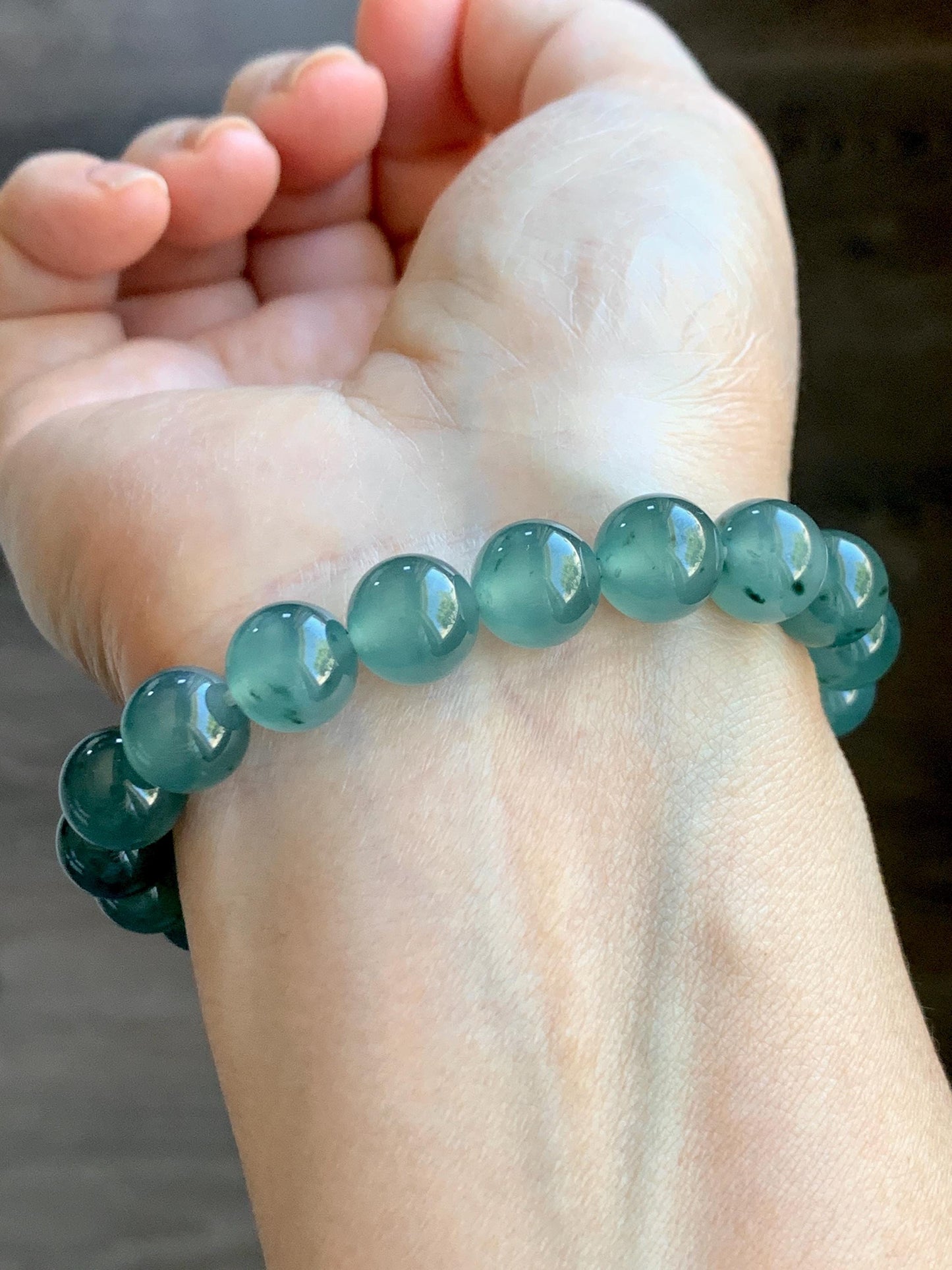 Natural Grade A Guatemalan Icy Highly Translucent Dark Teal Green Marbled Jade Jadeite Beaded Bracelet 9.8mm 7.25” 32g 天然冰危蓝绿飘花翡翠圆珠手串WUP330A