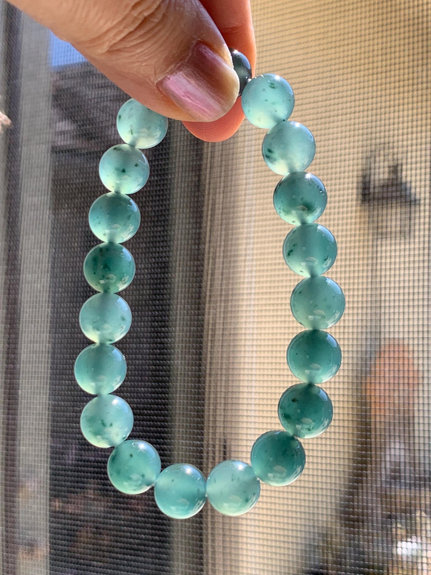 Natural Grade A Guatemalan Icy Highly Translucent Dark Teal Green Marbled Jade Jadeite Beaded Bracelet 9.8mm 7.25” 32g 天然冰危蓝绿飘花翡翠圆珠手串WUP330A