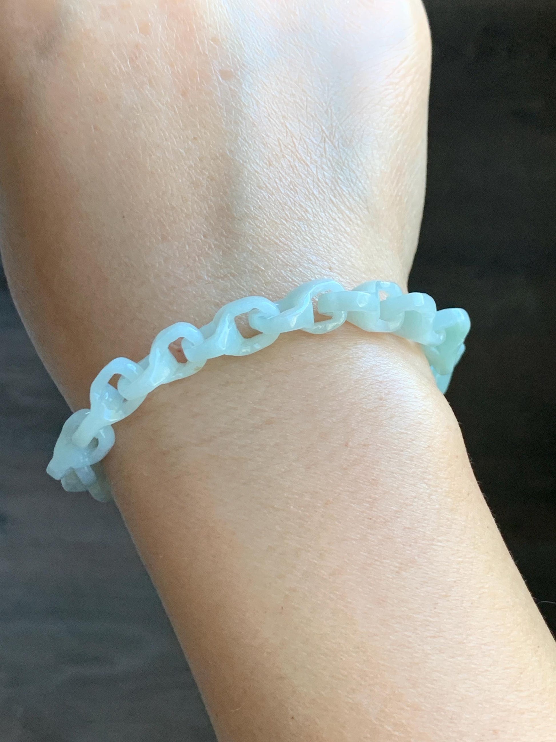 Certified Natural Grade A Icy Pastel Green Jade Jadeite Carved Interlocking Dragon Bone Chain Bracelet Sterling Silver 7.25” 天然细糯晴底翡翠龙骨手链573