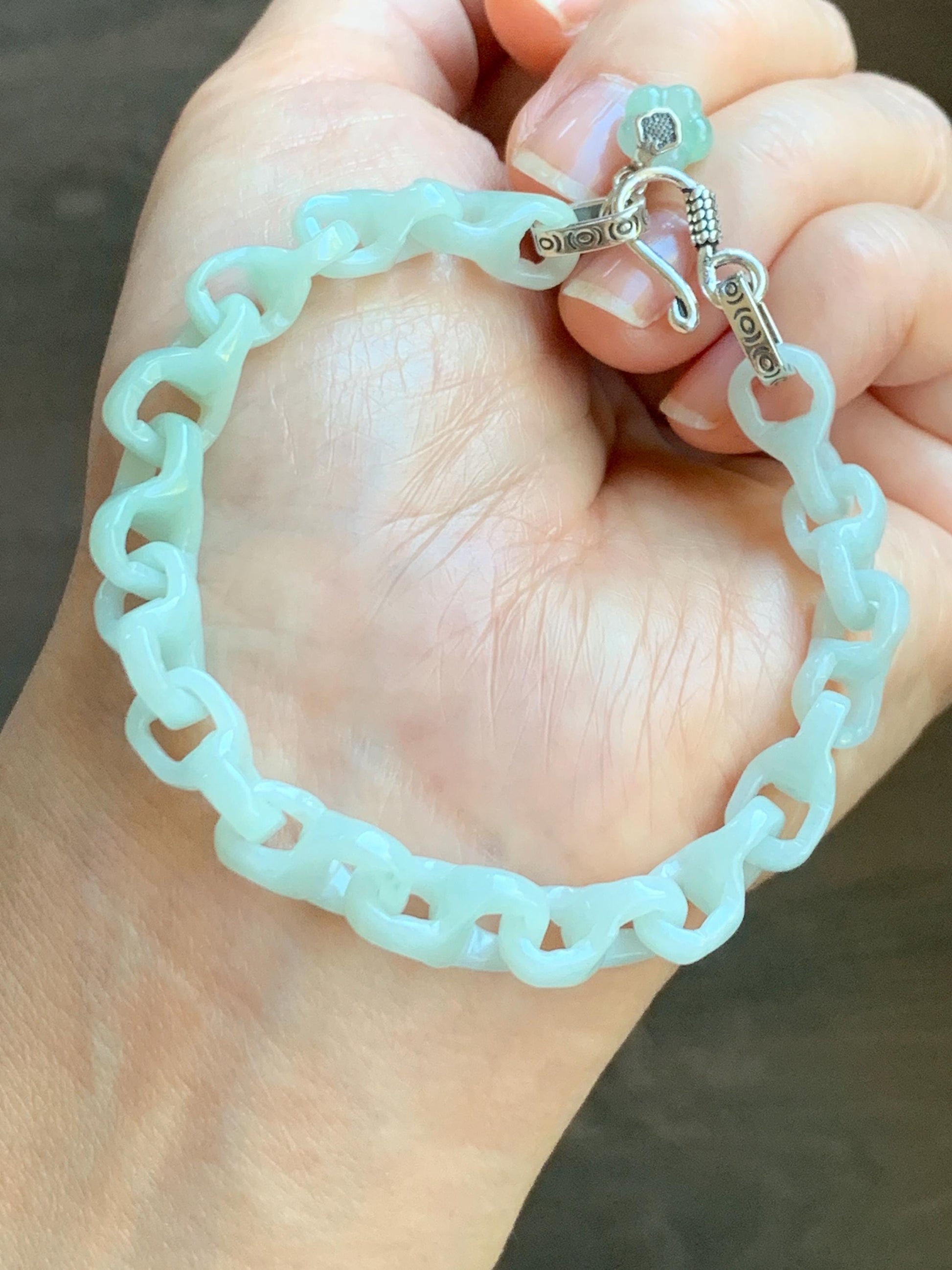 Certified Natural Grade A Icy Pastel Green Jade Jadeite Carved Interlocking Dragon Bone Chain Bracelet Sterling Silver 7.25” 天然细糯晴底翡翠龙骨手链573