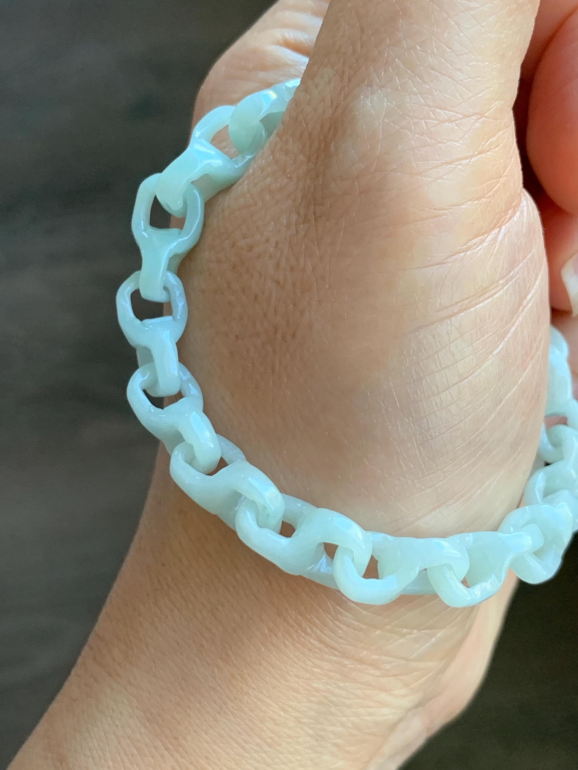 Certified Natural Grade A Icy Pastel Green Jade Jadeite Carved Interlocking Dragon Bone Chain Bracelet Sterling Silver 7.25” 天然细糯晴底翡翠龙骨手链573