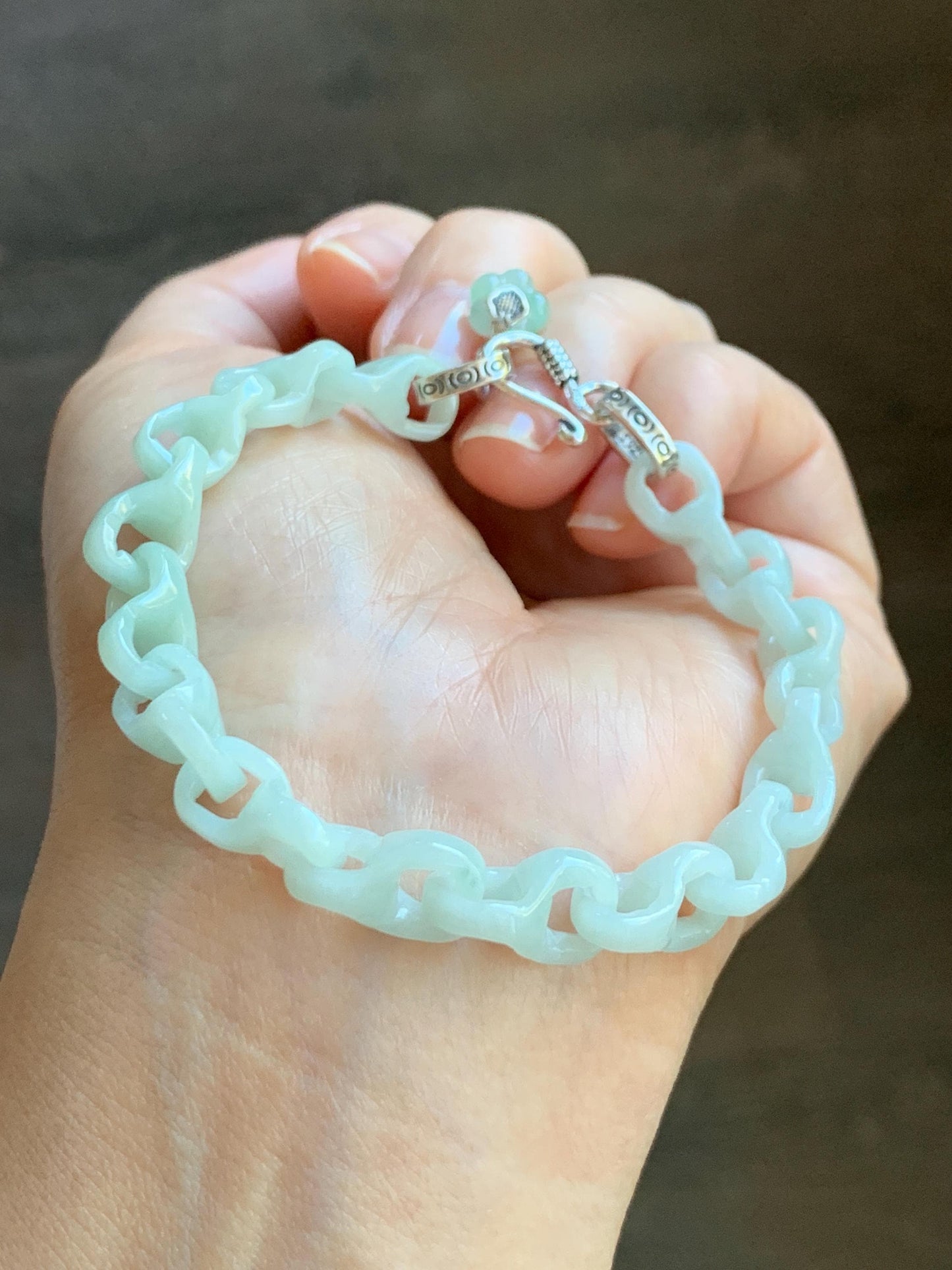 Certified Natural Grade A Icy Pastel Green Jade Jadeite Carved Interlocking Dragon Bone Chain Bracelet Sterling Silver 7.25” 天然细糯晴底翡翠龙骨手链573