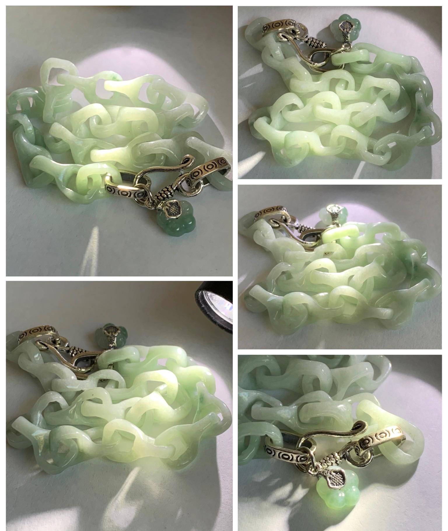 Certified Natural Grade A Icy Pastel Green Jade Jadeite Carved Interlocking Dragon Bone Chain Bracelet Sterling Silver 8” 天然细糯晴底翡翠龙骨手链 574