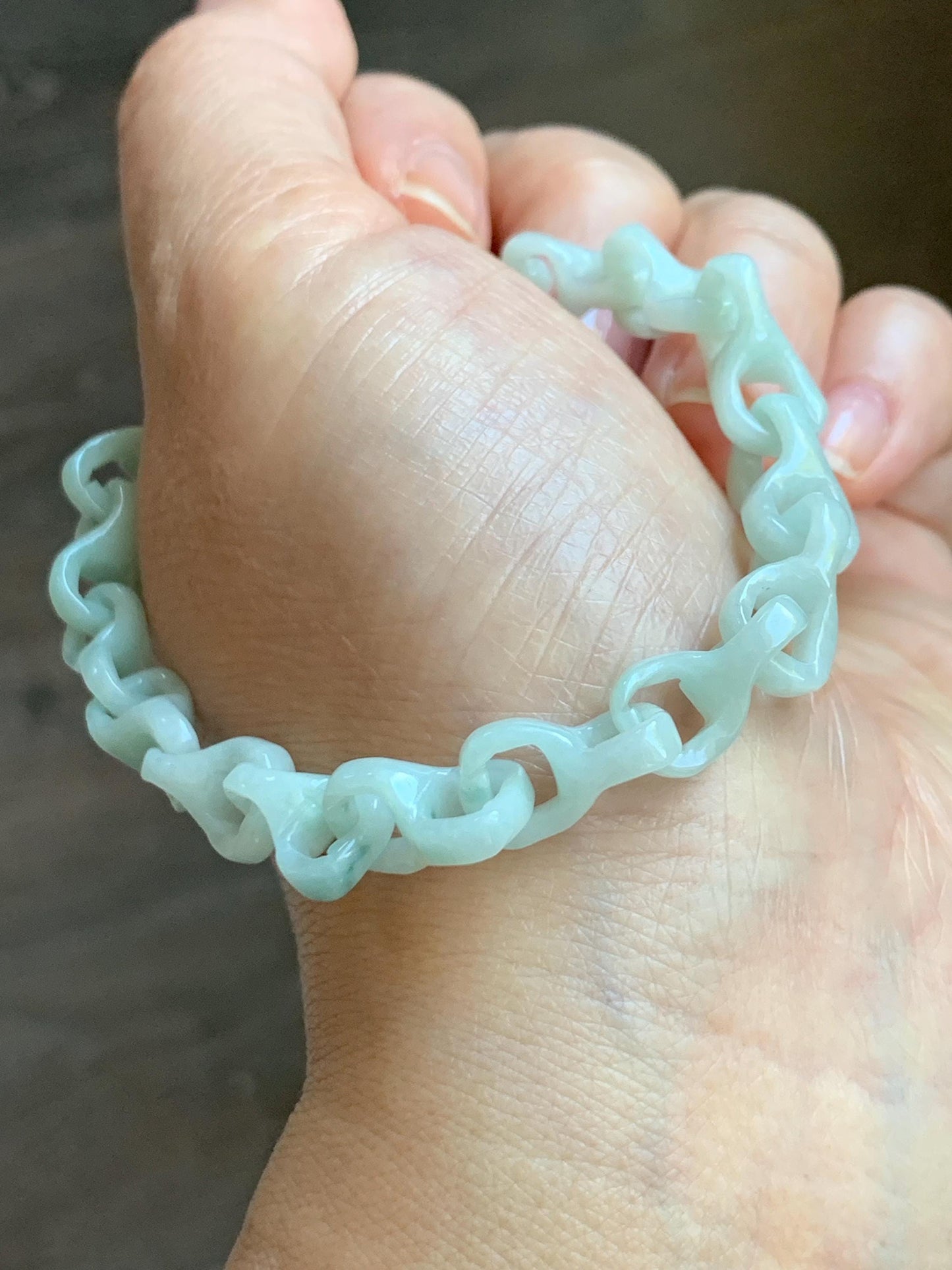 Certified Natural Grade A Icy Pastel Green Jade Jadeite Carved Interlocking Dragon Bone Chain Bracelet Sterling Silver 8” 天然细糯晴底翡翠龙骨手链 574