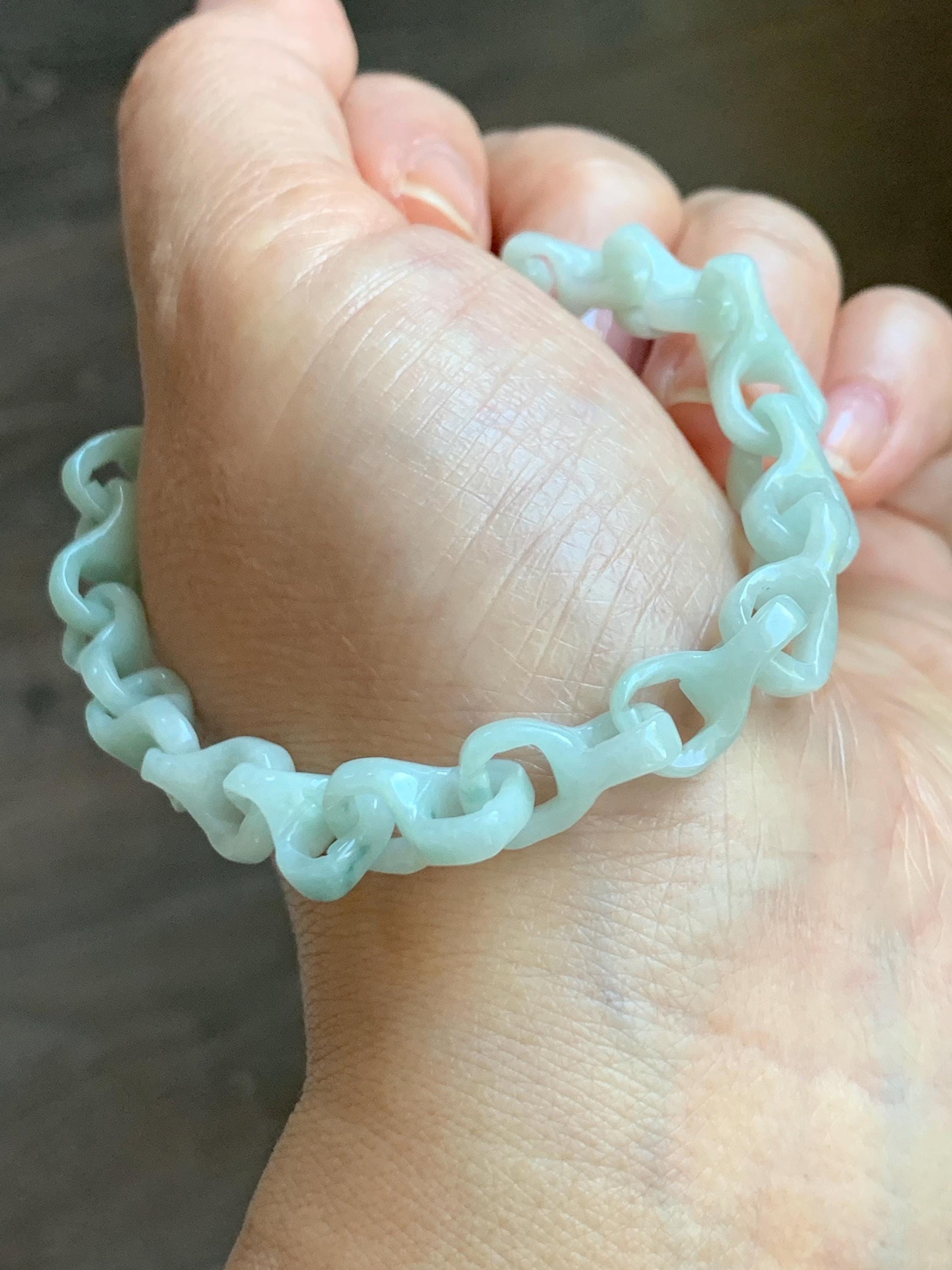 Certified Natural Grade A Icy Pastel Green Jade Jadeite Carved Interlocking Dragon Bone Chain Bracelet Sterling Silver 8” 天然细糯晴底翡翠龙骨手链 574