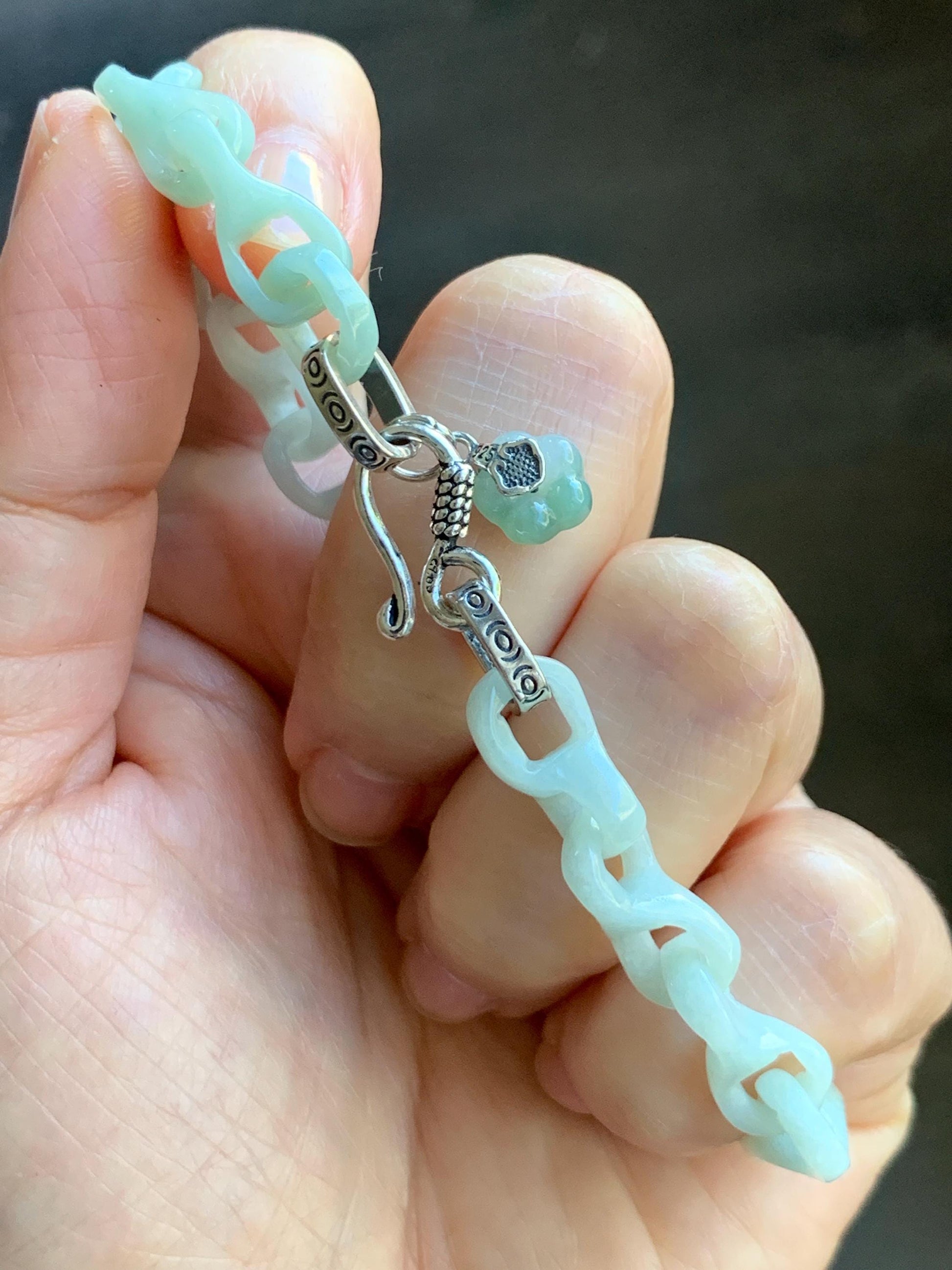Certified Natural Grade A Icy Pastel Green Jade Jadeite Carved Interlocking Dragon Bone Chain Bracelet Sterling Silver 8” 天然细糯晴底翡翠龙骨手链 574
