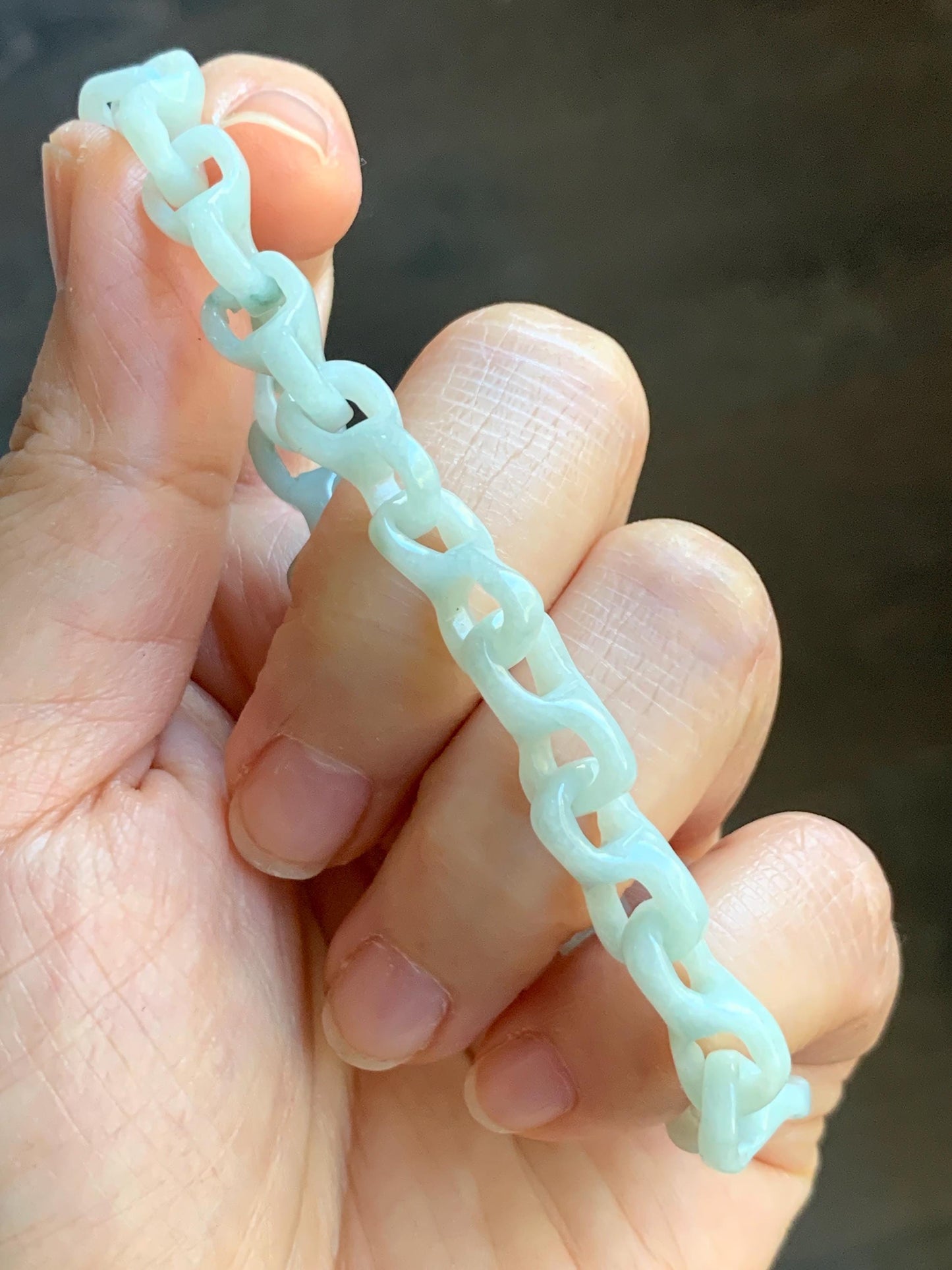 Certified Natural Grade A Icy Pastel Green Jade Jadeite Carved Interlocking Dragon Bone Chain Bracelet Sterling Silver 8” 天然细糯晴底翡翠龙骨手链 574
