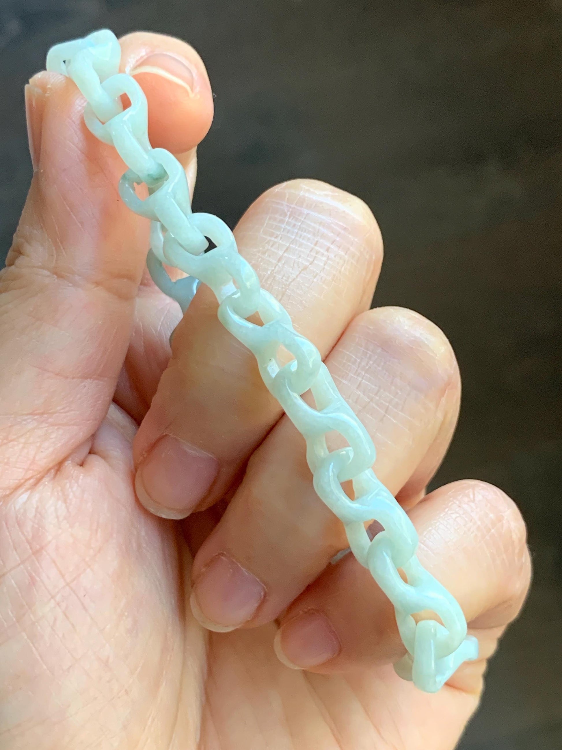 Certified Natural Grade A Icy Pastel Green Jade Jadeite Carved Interlocking Dragon Bone Chain Bracelet Sterling Silver 8” 天然细糯晴底翡翠龙骨手链 574