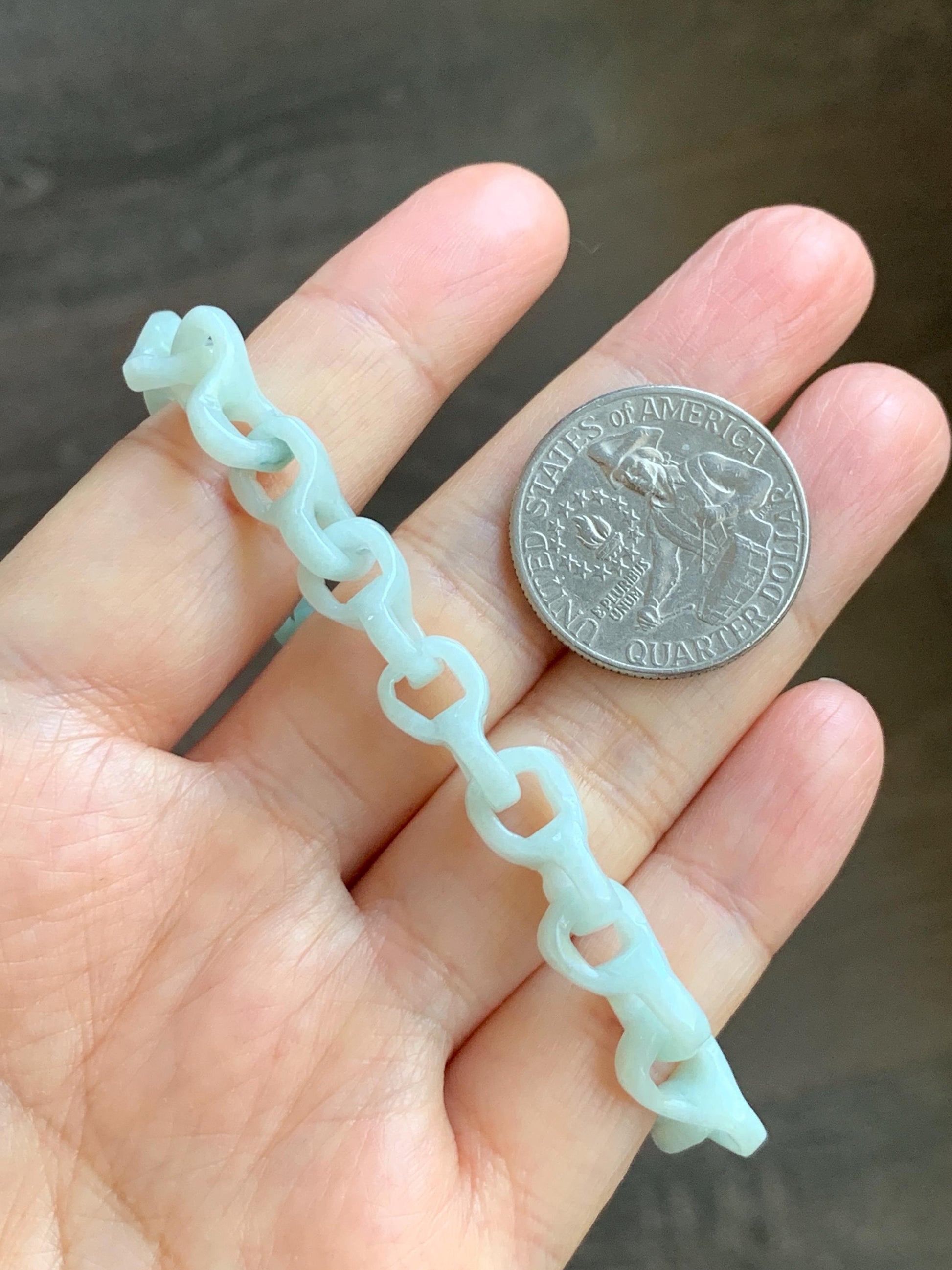 Certified Natural Grade A Icy Pastel Green Jade Jadeite Carved Interlocking Dragon Bone Chain Bracelet Sterling Silver 8” 天然细糯晴底翡翠龙骨手链 574