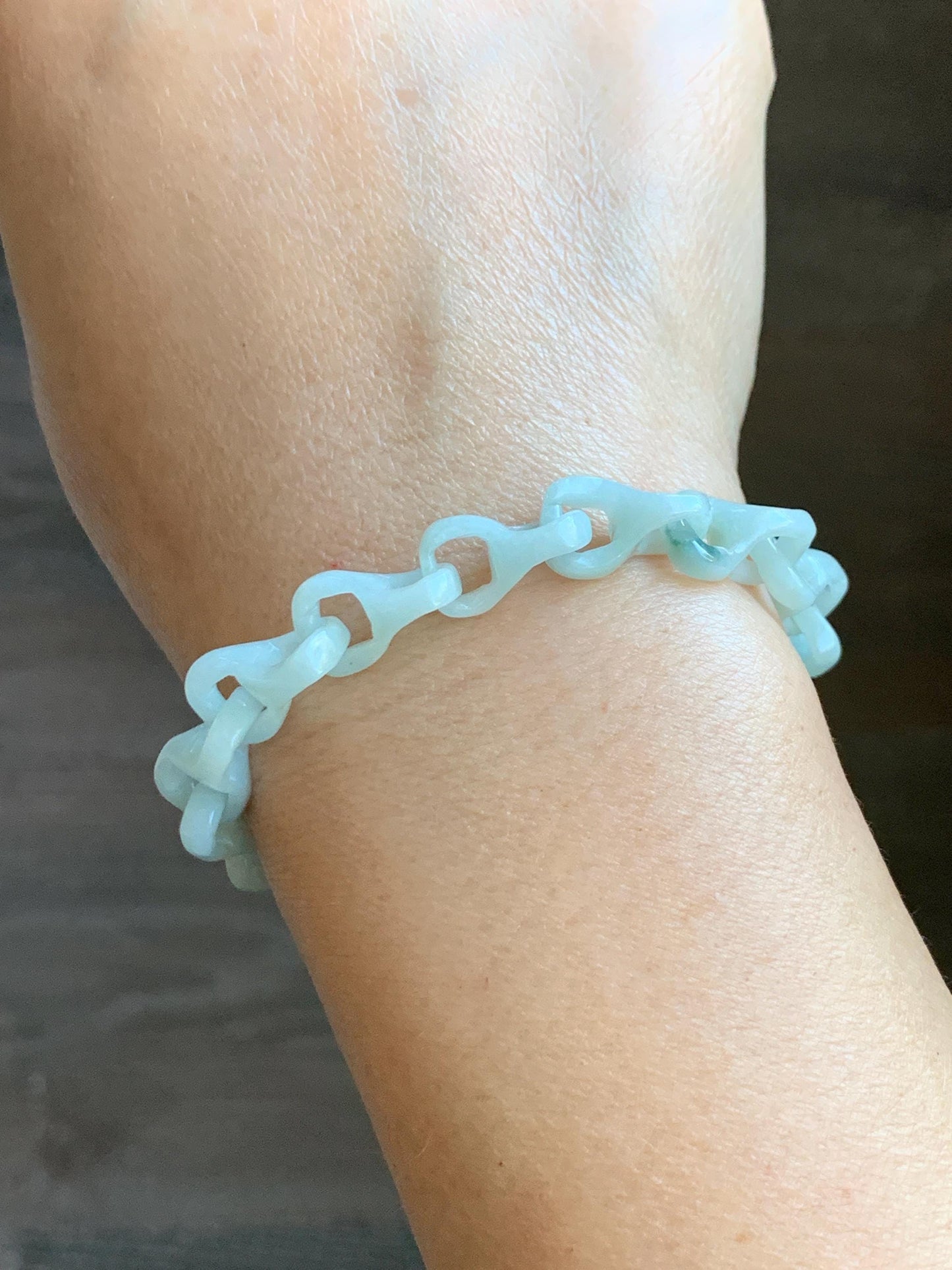 Certified Natural Grade A Icy Pastel Green Jade Jadeite Carved Interlocking Dragon Bone Chain Bracelet Sterling Silver 8” 天然细糯晴底翡翠龙骨手链 574