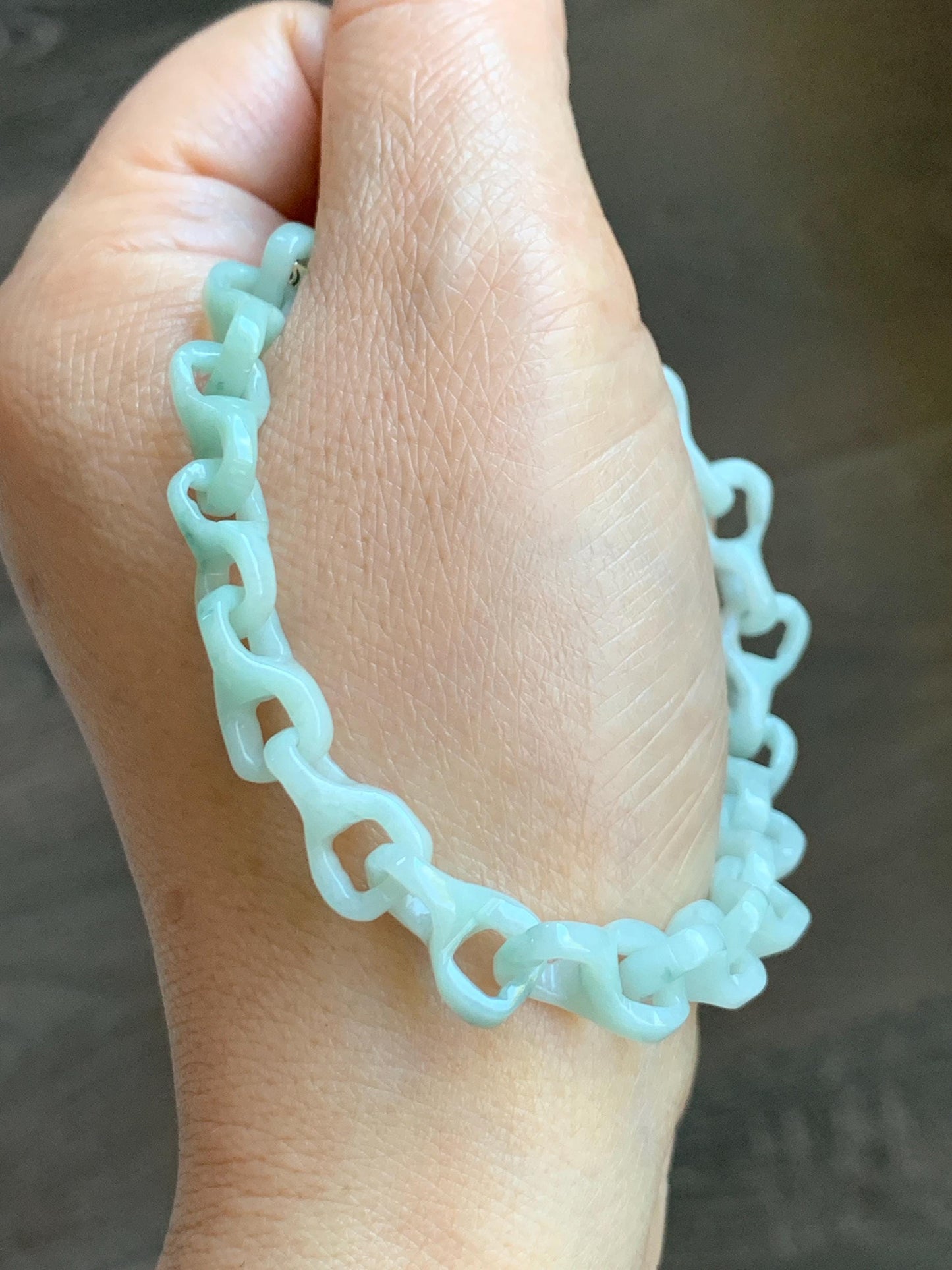 Certified Natural Grade A Icy Pastel Green Jade Jadeite Carved Interlocking Dragon Bone Chain Bracelet Sterling Silver 8” 天然细糯晴底翡翠龙骨手链 574