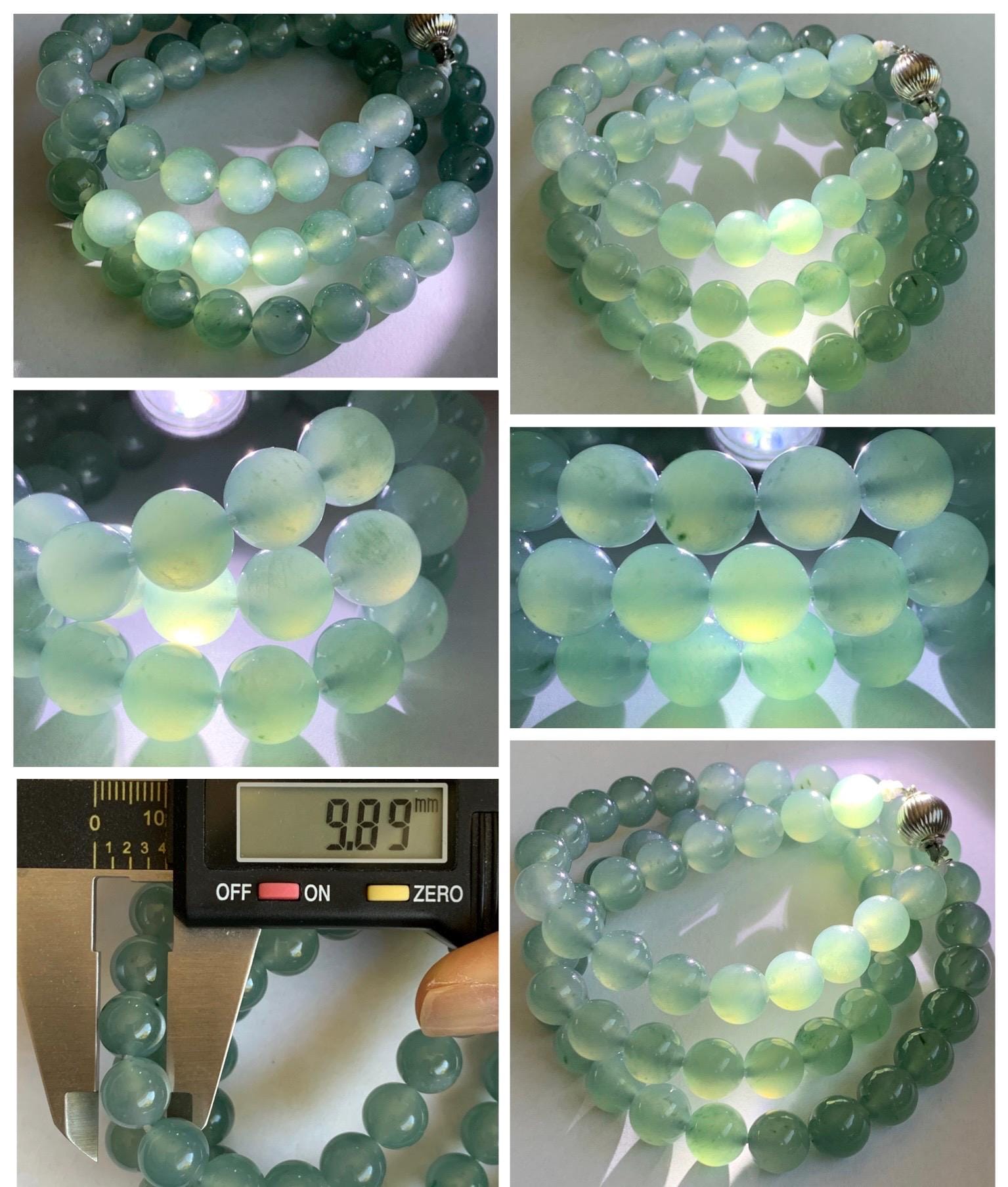 Natural Grade A Guatemalan Icy Highly Translucent Light Teal Jade Jadeite Beaded Necklace 24” 99g Sterling Silver 天然冰胶危浅蓝飘绿花翡翠大卡圆珠项链 WQC990