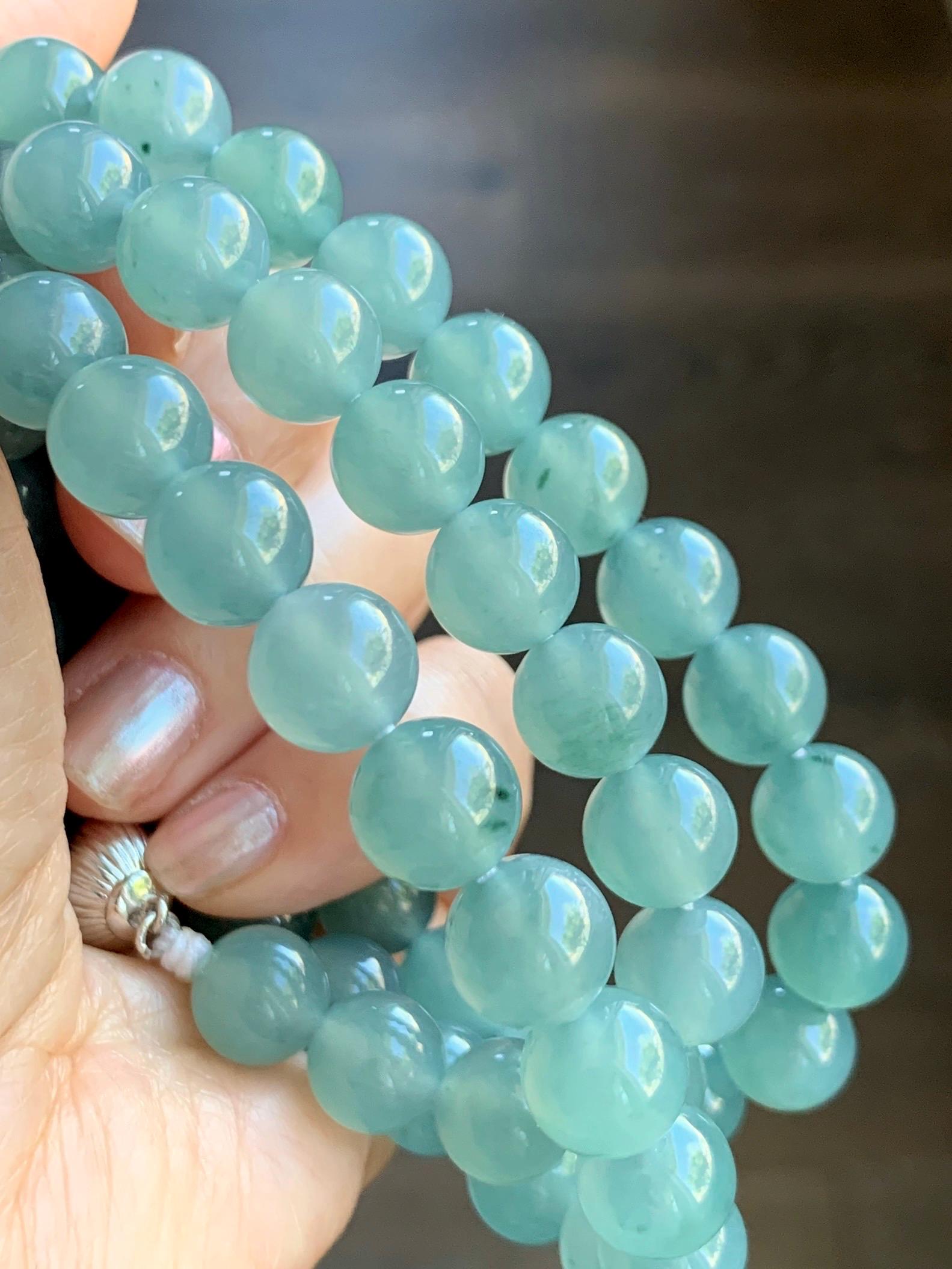 Natural Grade A Guatemalan Icy Highly Translucent Light Teal Jade Jadeite Beaded Necklace 24” 99g Sterling Silver 天然冰胶危浅蓝飘绿花翡翠大卡圆珠项链 WQC990