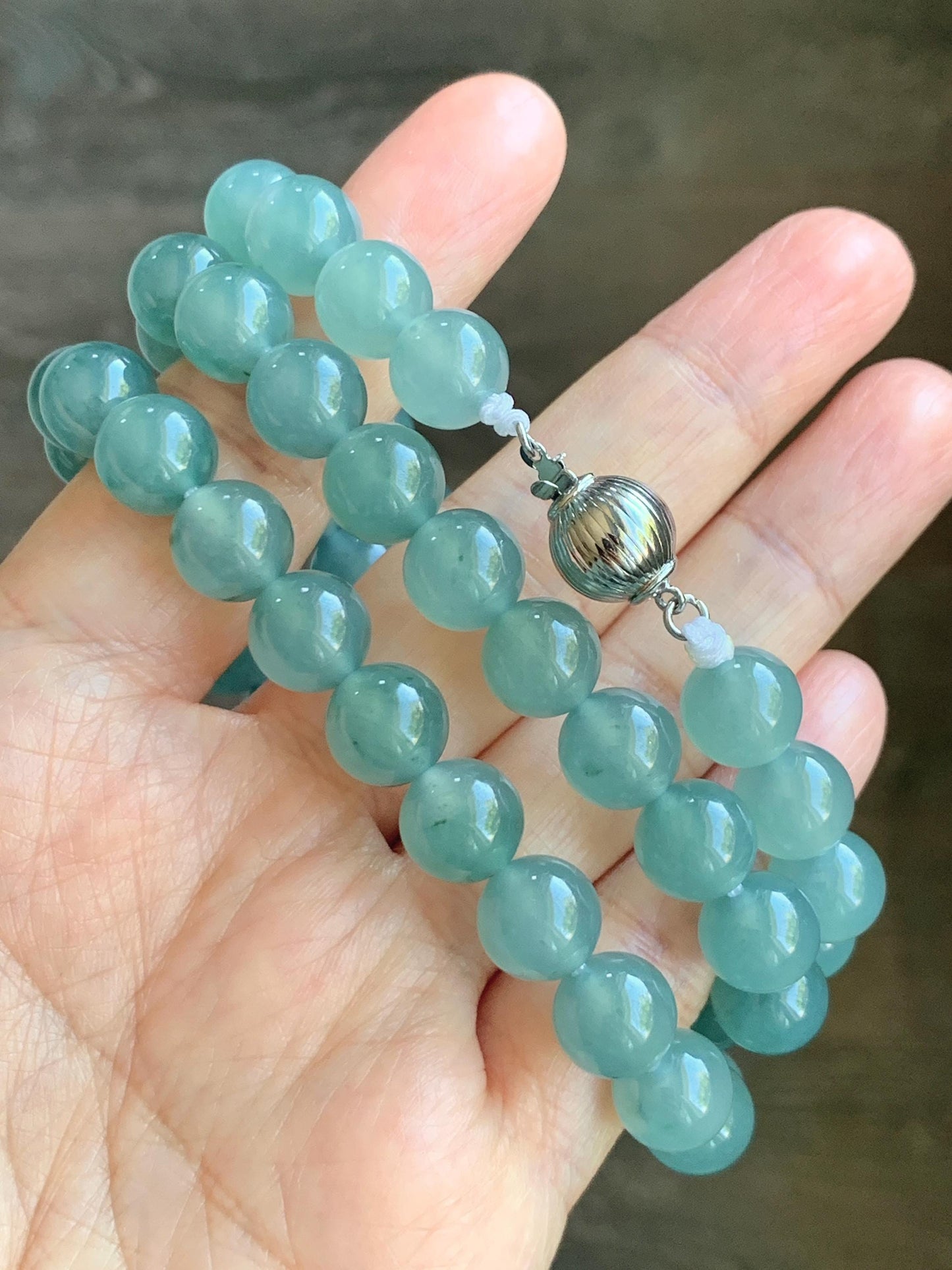 Natural Grade A Guatemalan Icy Highly Translucent Light Teal Jade Jadeite Beaded Necklace 24” 99g Sterling Silver 天然冰胶危浅蓝飘绿花翡翠大卡圆珠项链 WQC990