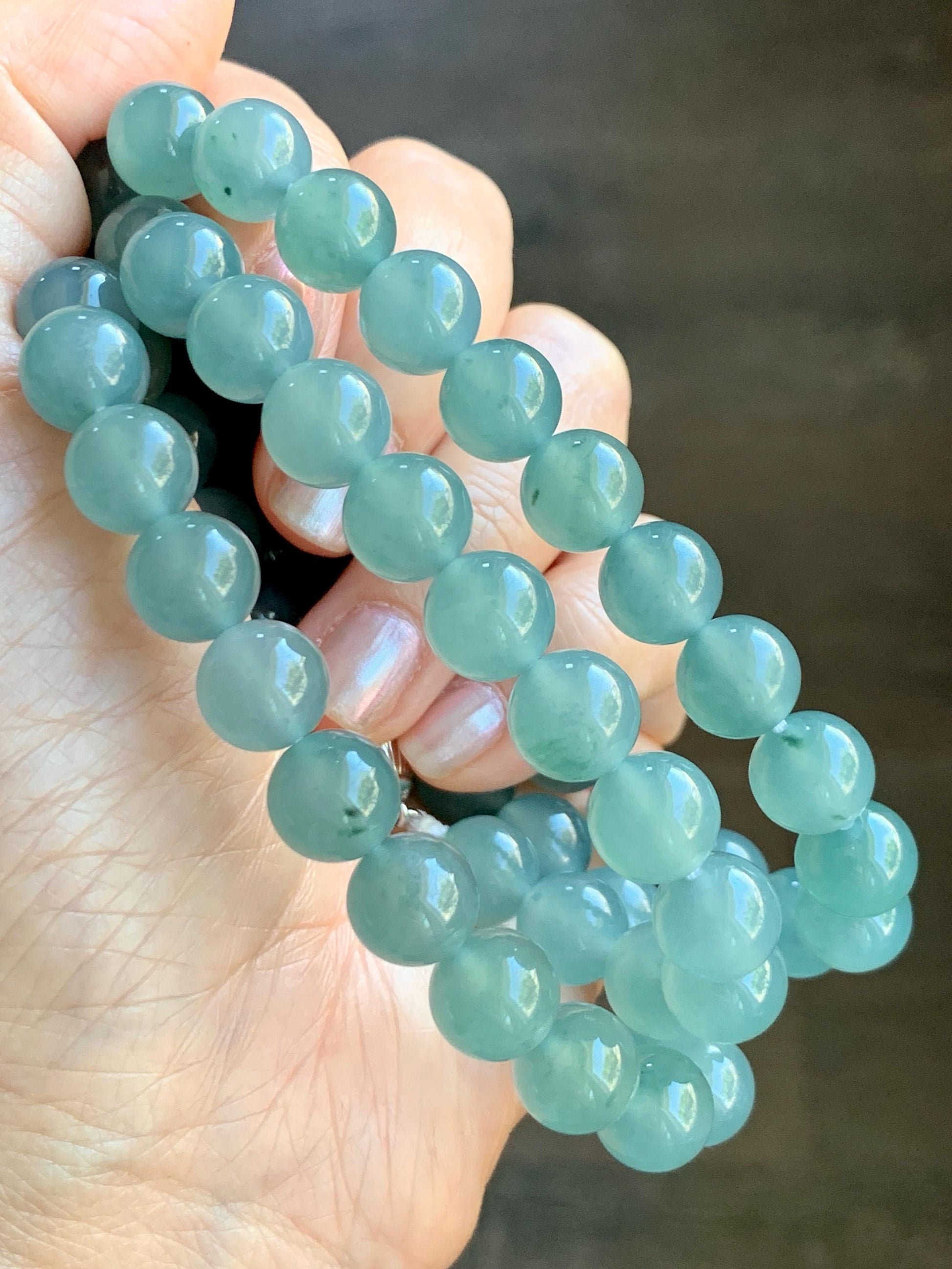 Natural Grade A Guatemalan Icy Highly Translucent Light Teal Jade Jadeite Beaded Necklace 24” 99g Sterling Silver 天然冰胶危浅蓝飘绿花翡翠大卡圆珠项链 WQC990