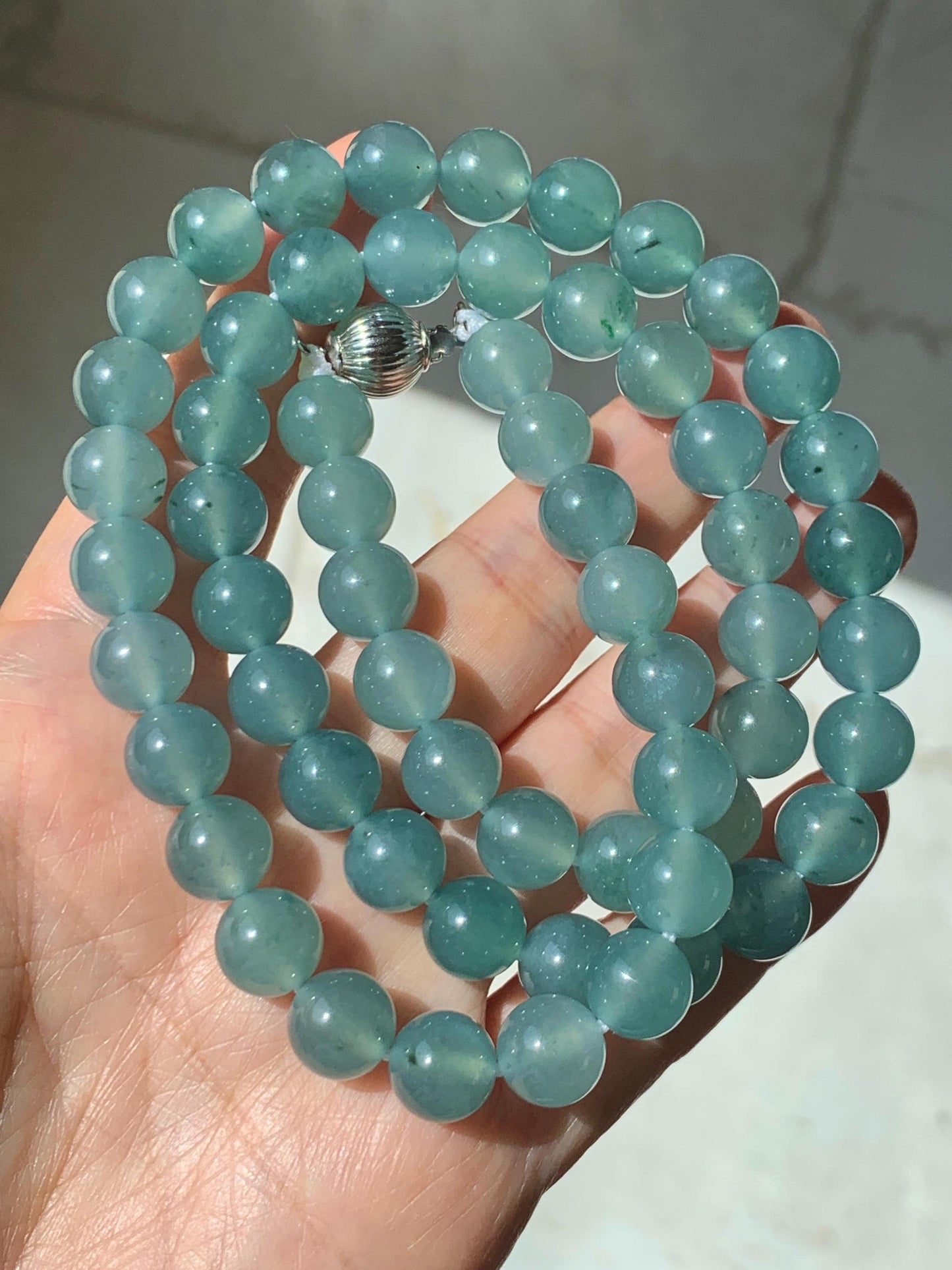 Natural Grade A Guatemalan Icy Highly Translucent Light Teal Jade Jadeite Beaded Necklace 24” 99g Sterling Silver 天然冰胶危浅蓝飘绿花翡翠大卡圆珠项链 WQC990