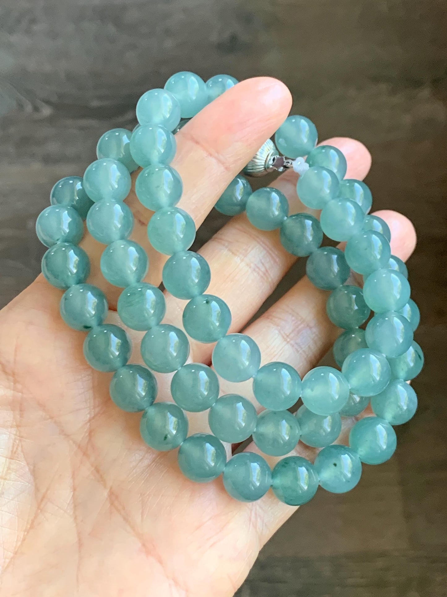 Natural Grade A Guatemalan Icy Highly Translucent Light Teal Jade Jadeite Beaded Necklace 24” 99g Sterling Silver 天然冰胶危浅蓝飘绿花翡翠大卡圆珠项链 WQC990