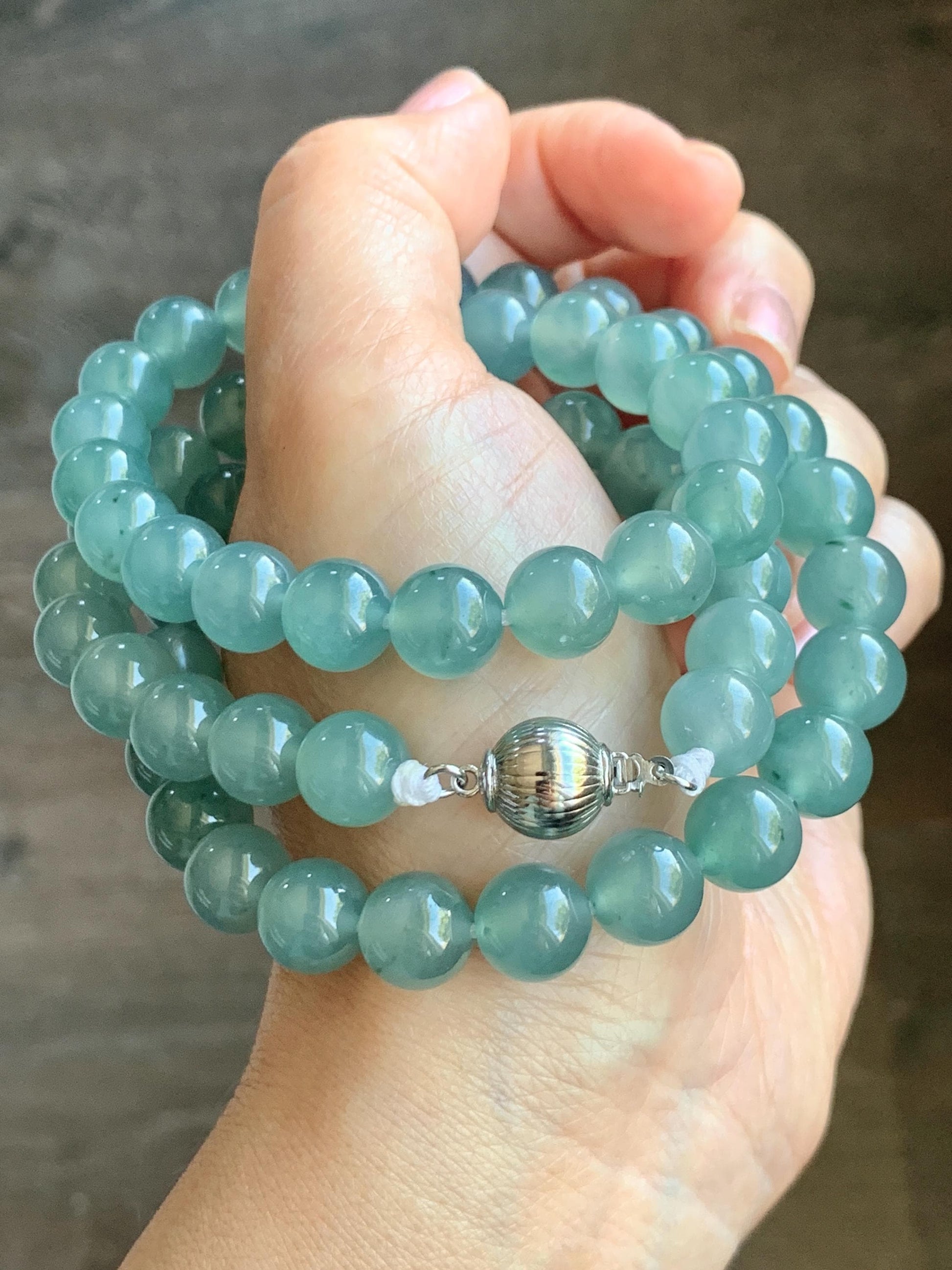 Natural Grade A Guatemalan Icy Highly Translucent Light Teal Jade Jadeite Beaded Necklace 24” 99g Sterling Silver 天然冰胶危浅蓝飘绿花翡翠大卡圆珠项链 WQC990