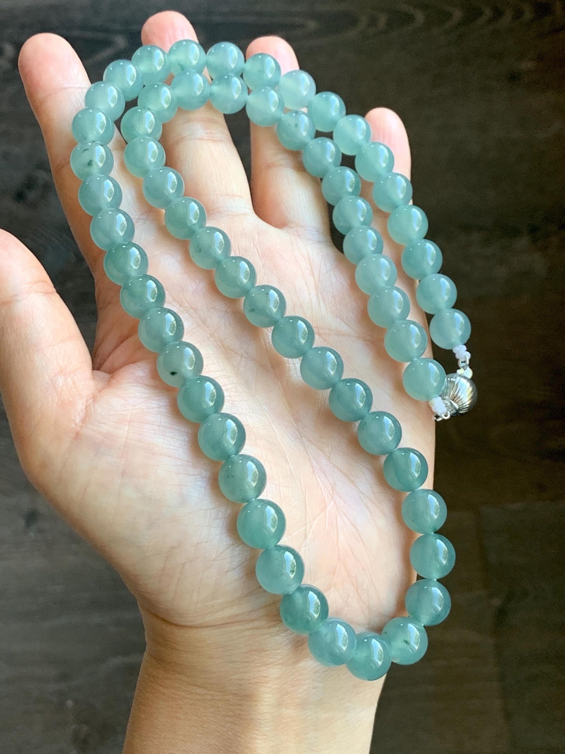 Natural Grade A Guatemalan Icy Highly Translucent Light Teal Jade Jadeite Beaded Necklace 24” 99g Sterling Silver 天然冰胶危浅蓝飘绿花翡翠大卡圆珠项链 WQC990