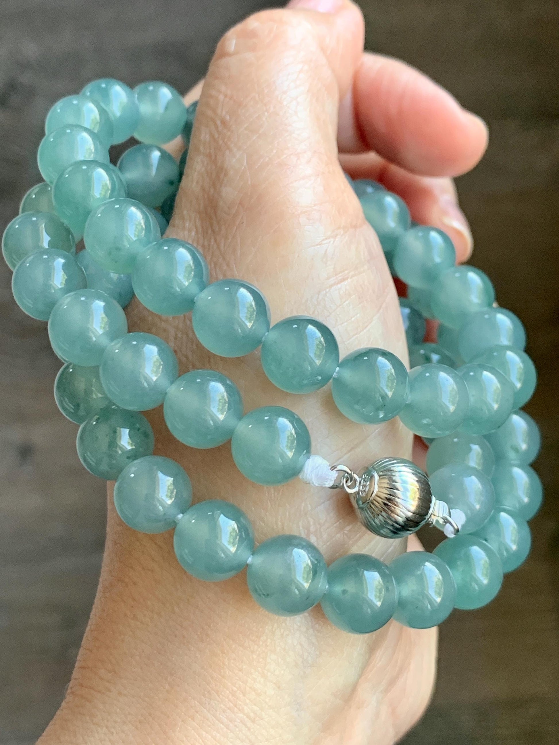 Natural Grade A Guatemalan Icy Highly Translucent Light Teal Jade Jadeite Beaded Necklace 24” 99g Sterling Silver 天然冰胶危浅蓝飘绿花翡翠大卡圆珠项链 WQC990