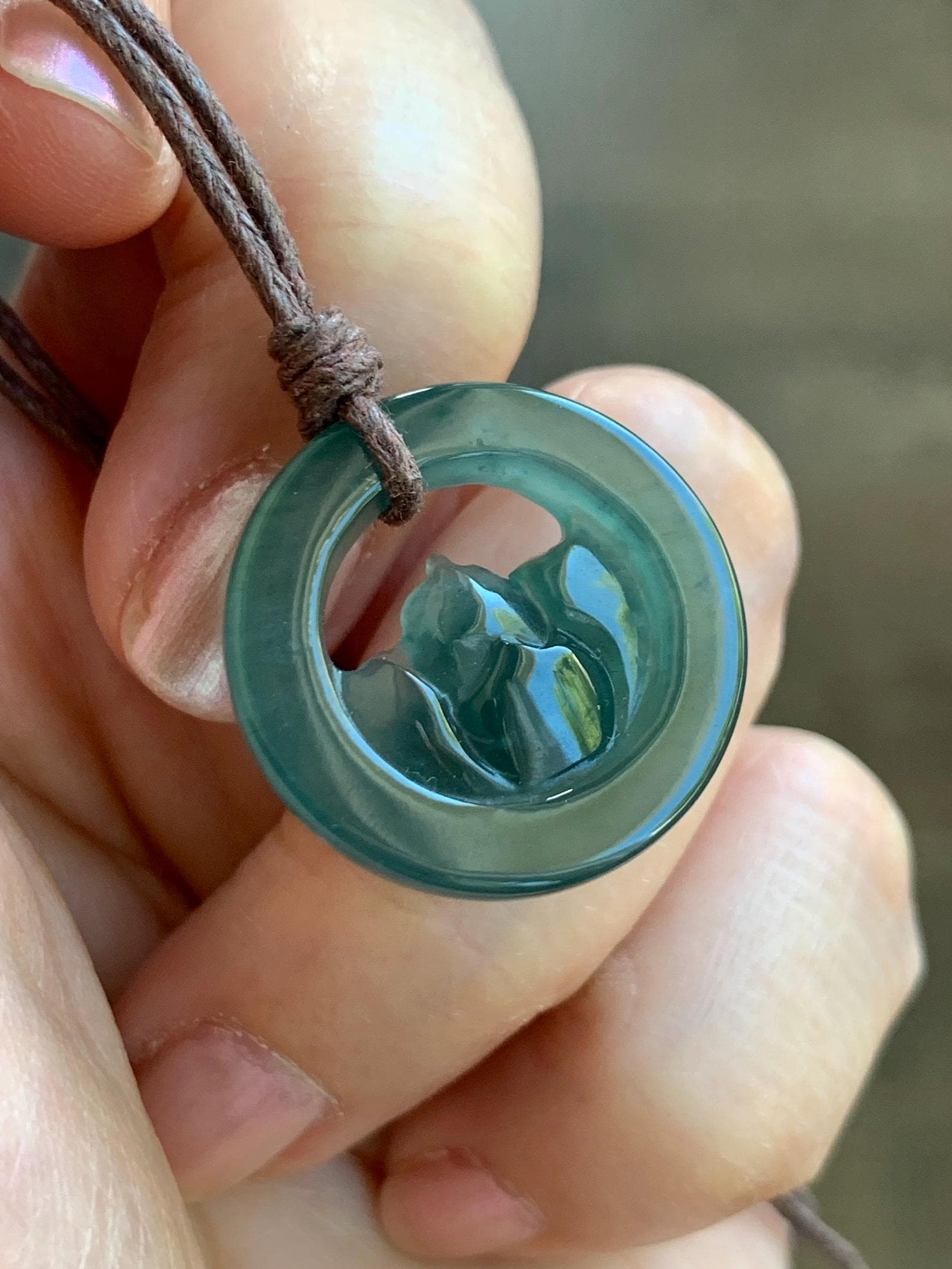Natural Grade A Guatemalan Icy Translucent Dark Teal Blue Jade Jadeite Lotus Flower Circle Pendant Rope Necklace 19” 天然冰危深蓝翡翠莲花圈吊坠 WLHK180