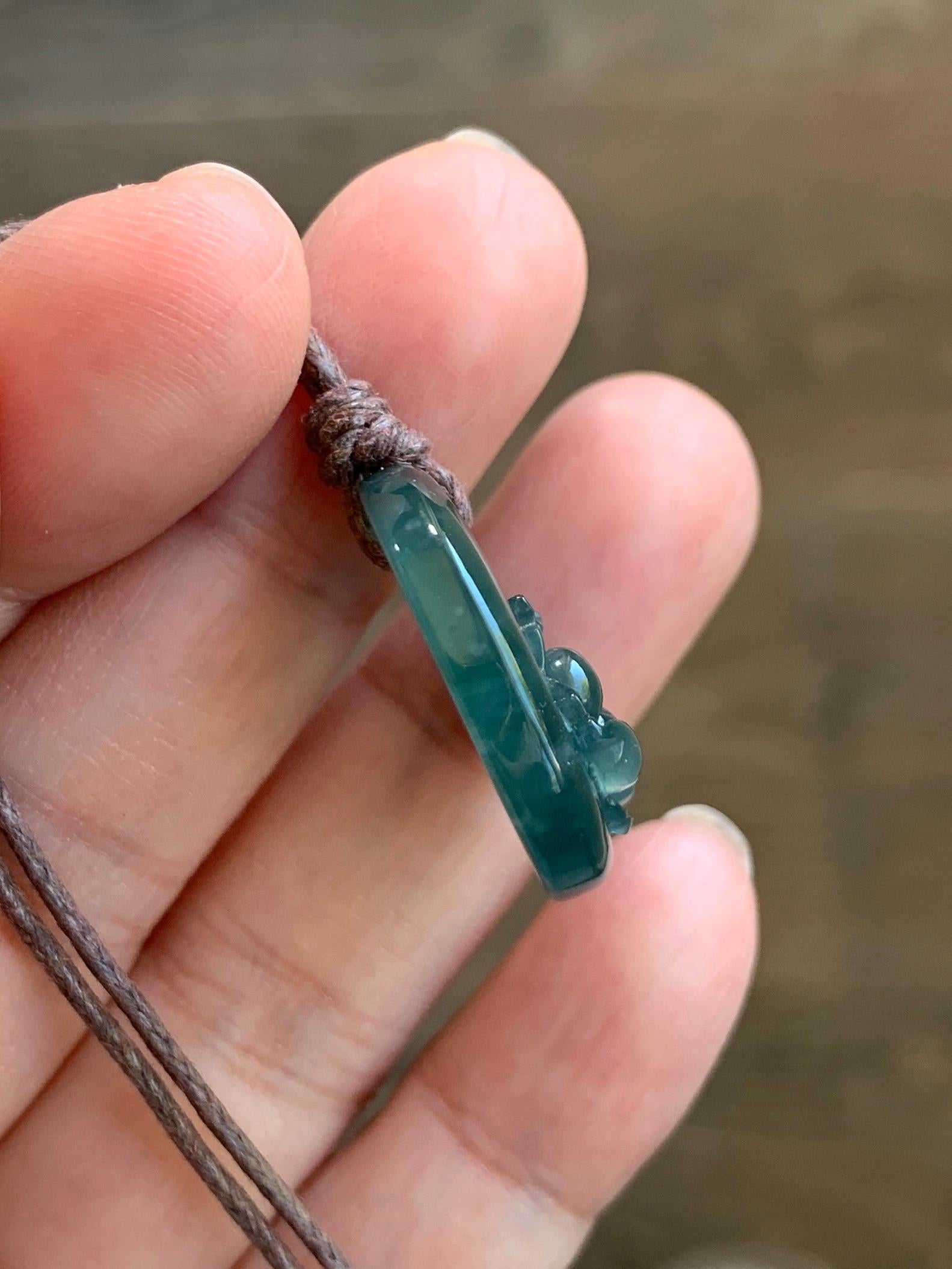 Natural Grade A Guatemalan Icy Translucent Dark Teal Blue Jade Jadeite Lotus Flower Circle Pendant Rope Necklace 19” 天然冰危深蓝翡翠莲花圈吊坠 WLHK180