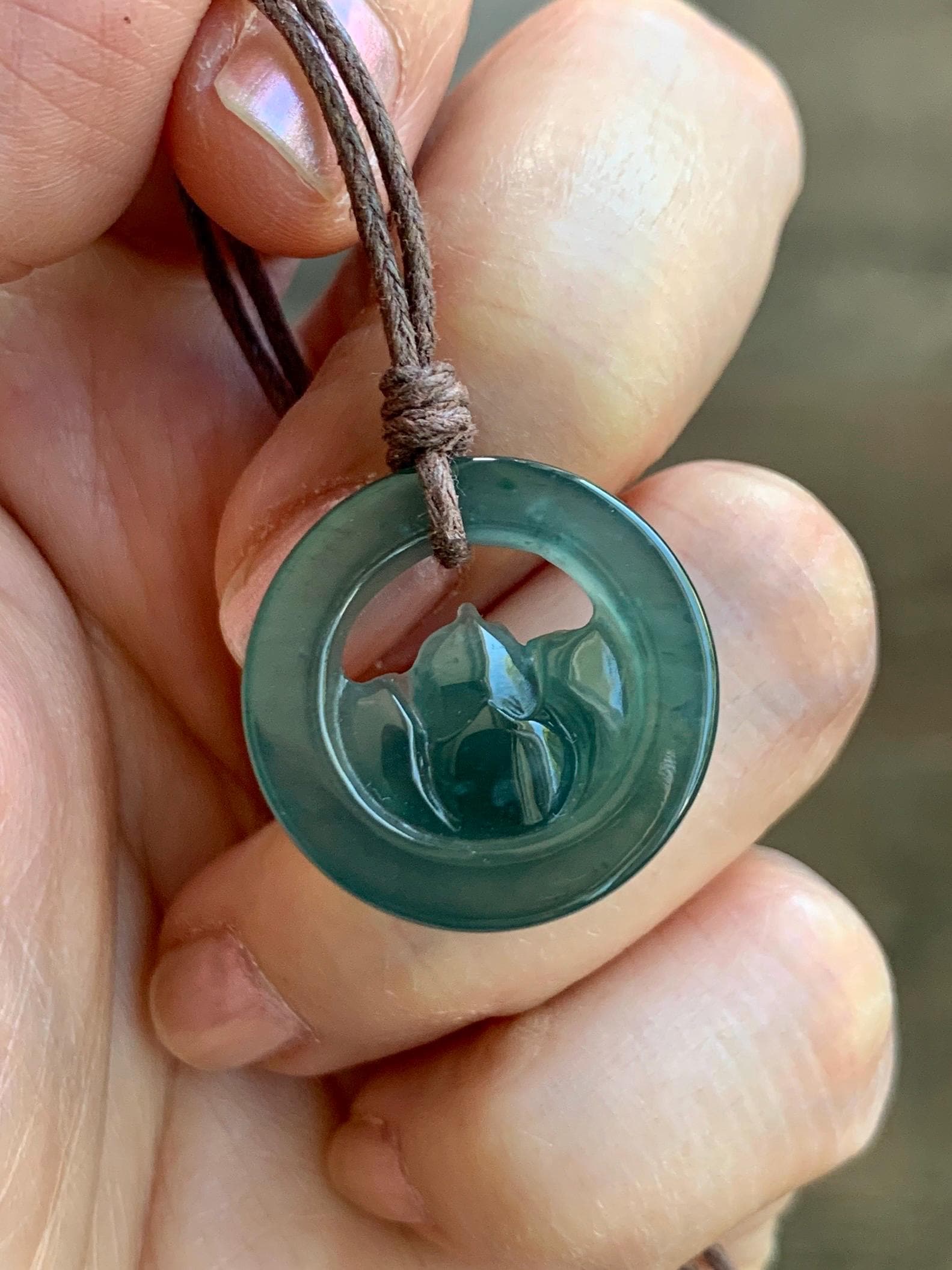 Natural Grade A Guatemalan Icy Translucent Dark Teal Blue Jade Jadeite Lotus Flower Circle Pendant Rope Necklace 19” 天然冰危深蓝翡翠莲花圈吊坠 WLHK180