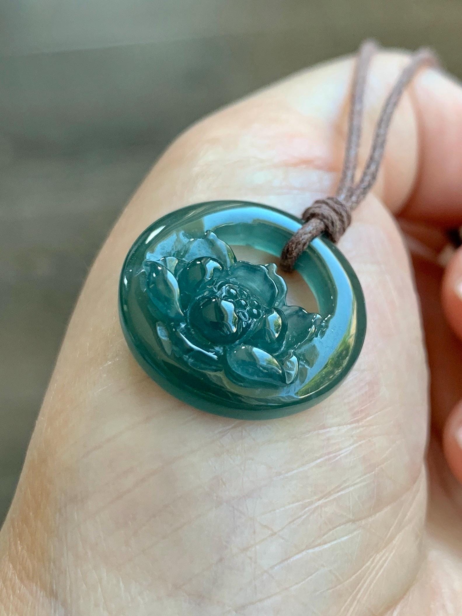 Natural Grade A Guatemalan Icy Translucent Dark Teal Blue Jade Jadeite Lotus Flower Circle Pendant Rope Necklace 19” 天然冰危深蓝翡翠莲花圈吊坠 WLHK180