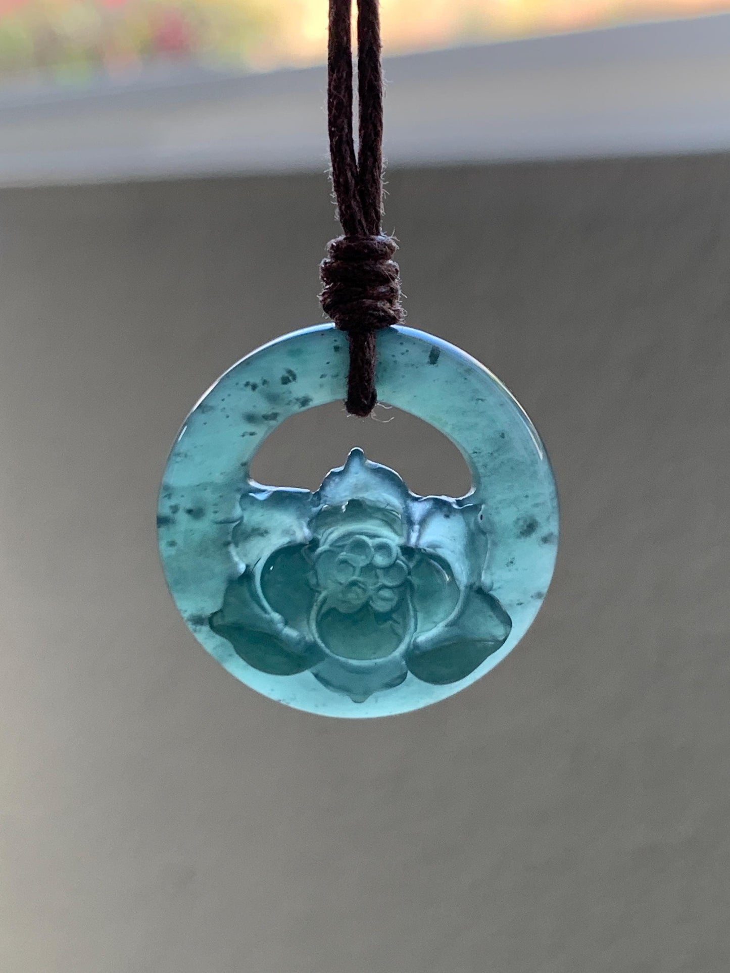 Natural Grade A Guatemalan Icy Translucent Dark Teal Blue Jade Jadeite Lotus Flower Circle Pendant Rope Necklace 19” 天然冰危深蓝翡翠莲花圈吊坠 WLHK180