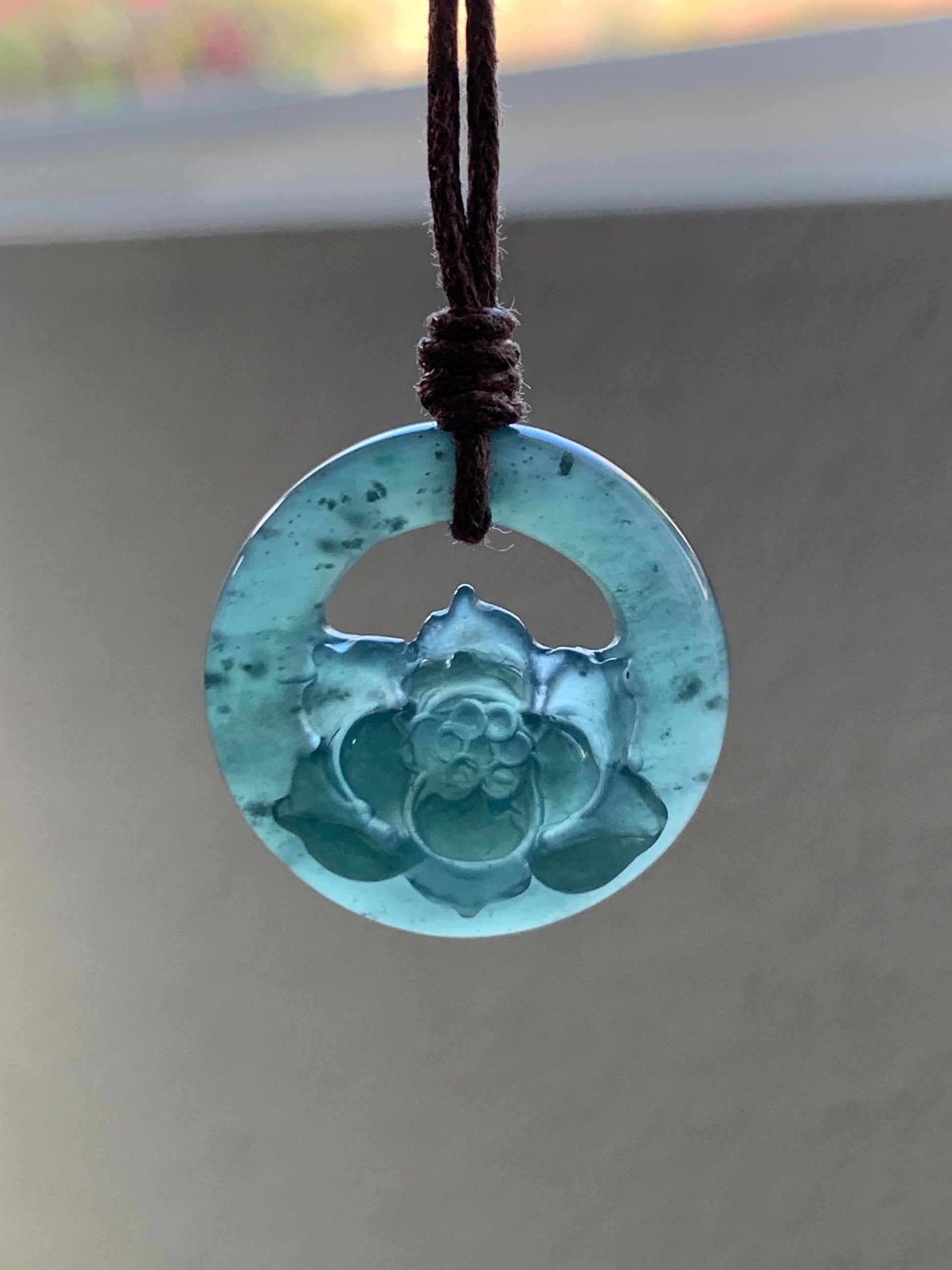 Natural Grade A Guatemalan Icy Translucent Dark Teal Blue Jade Jadeite Lotus Flower Circle Pendant Rope Necklace 19” 天然冰危深蓝翡翠莲花圈吊坠 WLHK180