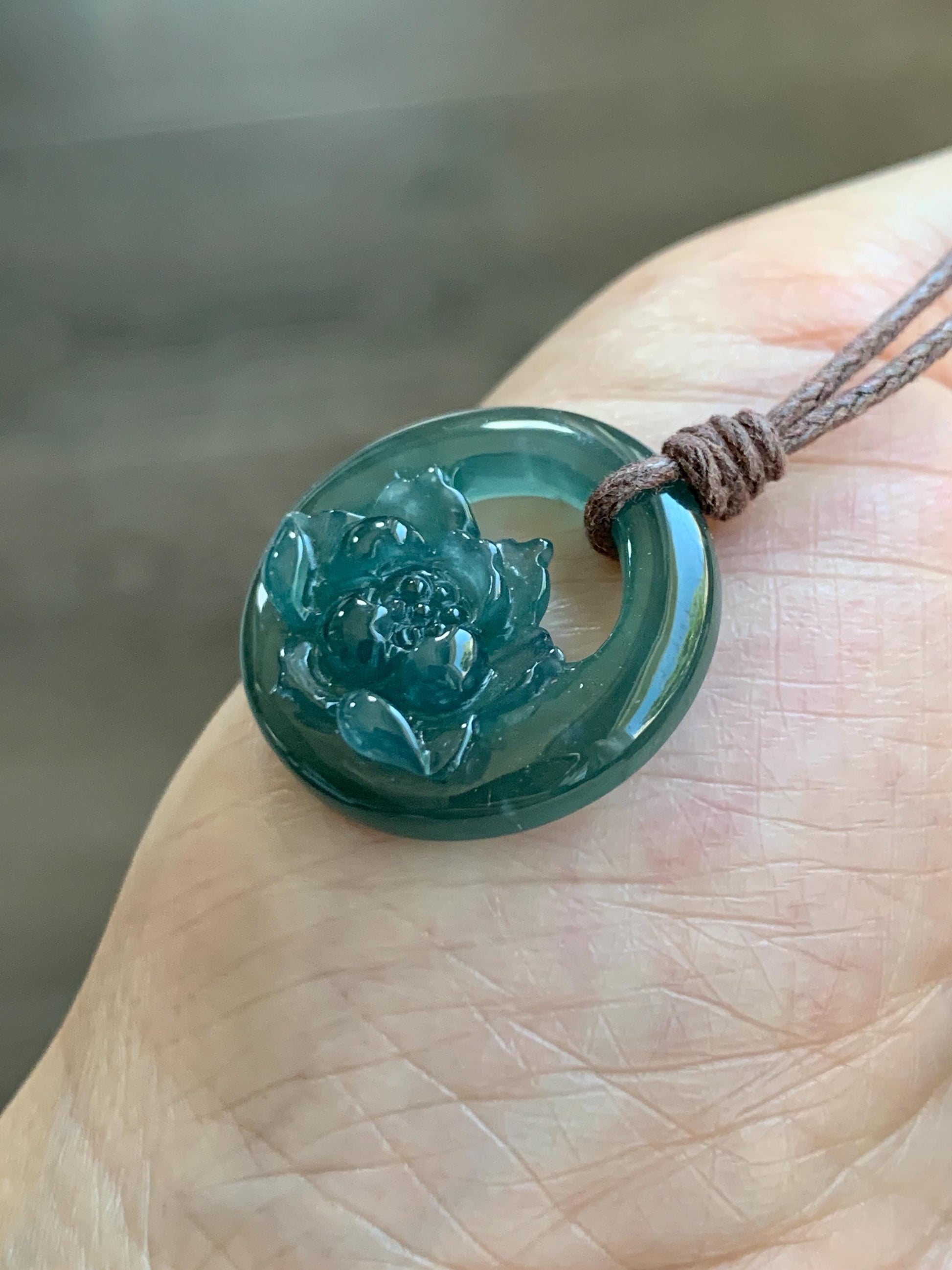 Natural Grade A Guatemalan Icy Translucent Dark Teal Blue Jade Jadeite Lotus Flower Circle Pendant Rope Necklace 19” 天然冰危深蓝翡翠莲花圈吊坠 WLHK180