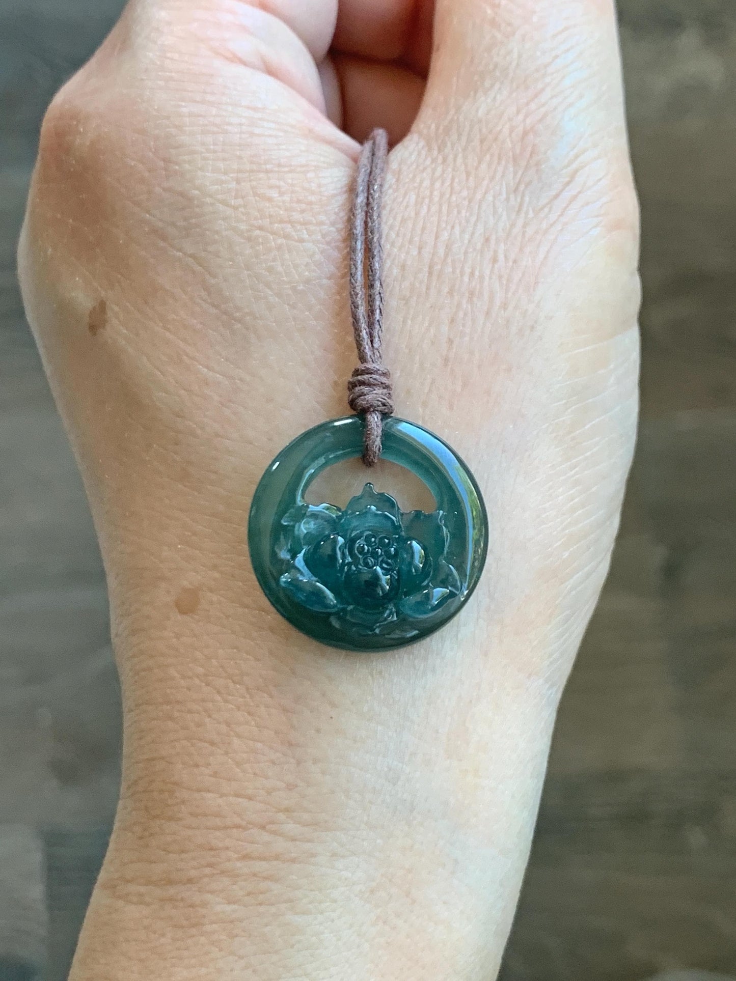 Natural Grade A Guatemalan Icy Translucent Dark Teal Blue Jade Jadeite Lotus Flower Circle Pendant Rope Necklace 19” 天然冰危深蓝翡翠莲花圈吊坠 WLHK180