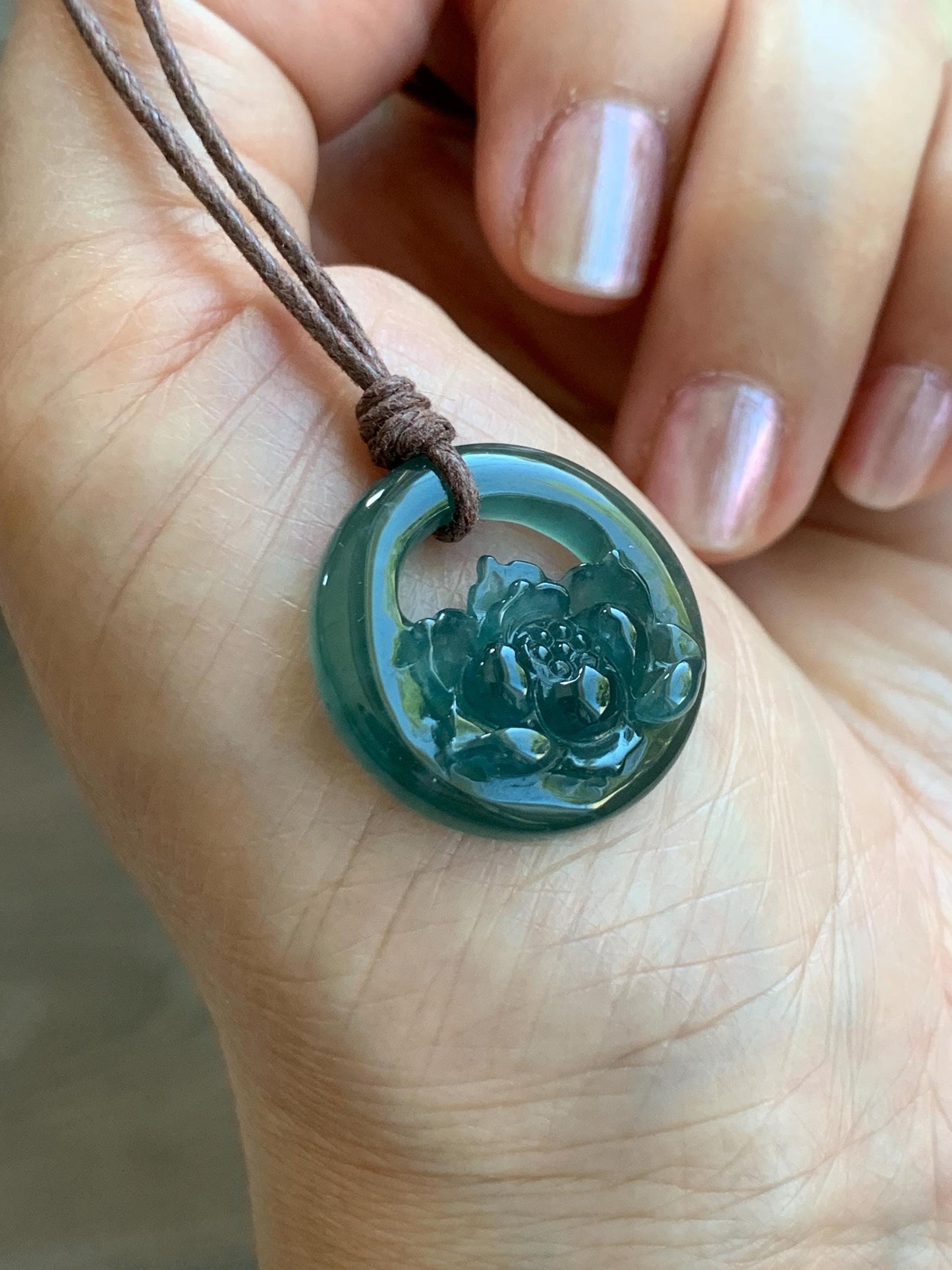 Natural Grade A Guatemalan Icy Translucent Dark Teal Blue Jade Jadeite Lotus Flower Circle Pendant Rope Necklace 19” 天然冰危深蓝翡翠莲花圈吊坠 WLHK180