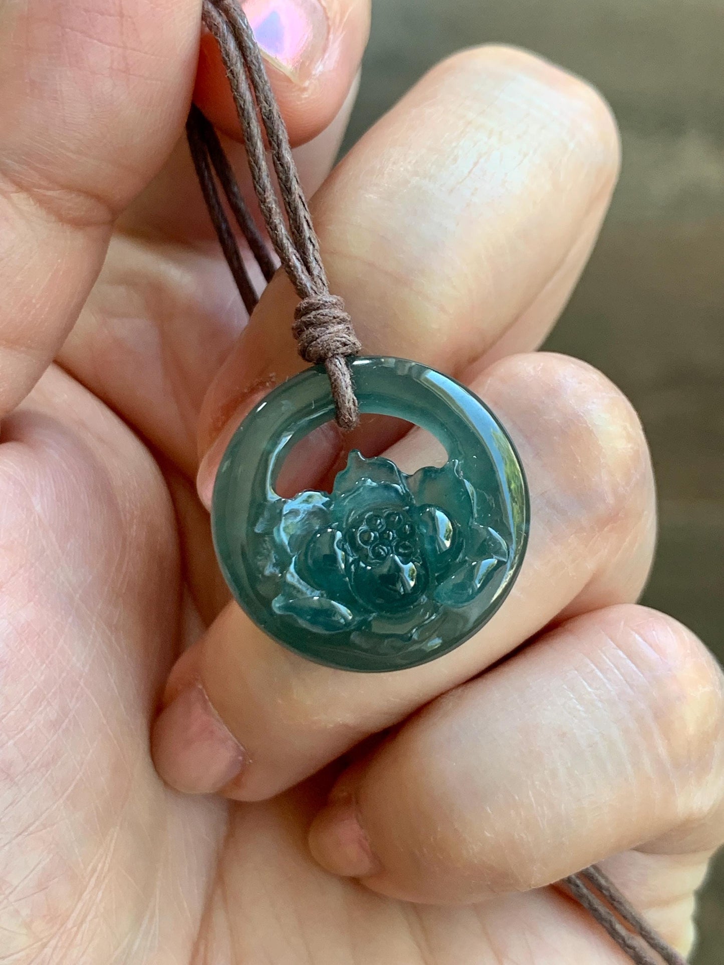 Natural Grade A Guatemalan Icy Translucent Dark Teal Blue Jade Jadeite Lotus Flower Circle Pendant Rope Necklace 19” 天然冰危深蓝翡翠莲花圈吊坠 WLHK180